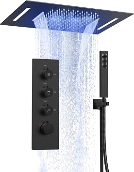 23" x 15" LED Mood Lighting Shower System, Ceiling Mount Thermostatic Shower System with Valve Matte Black