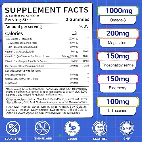 Miniatura 2 de Gomitas Omega-3 de 1000 mg para adolescentes suplemento natural de ácidos grasos Omega 3 con DHA EPA Vitamina D3 Extracto de saúco orgánico  Aceite