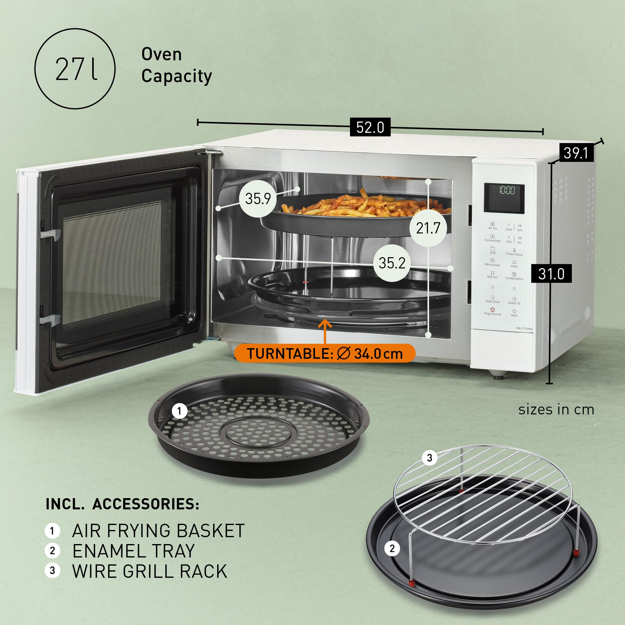 Panasonic NN-CT55RWBPQ 27L kuchenka mikrofalowa kombi 4 w 1 z Airfryer, inwerter 1000 W, grill 1300 W, konwekcja, 19 programów automatycznych, biała