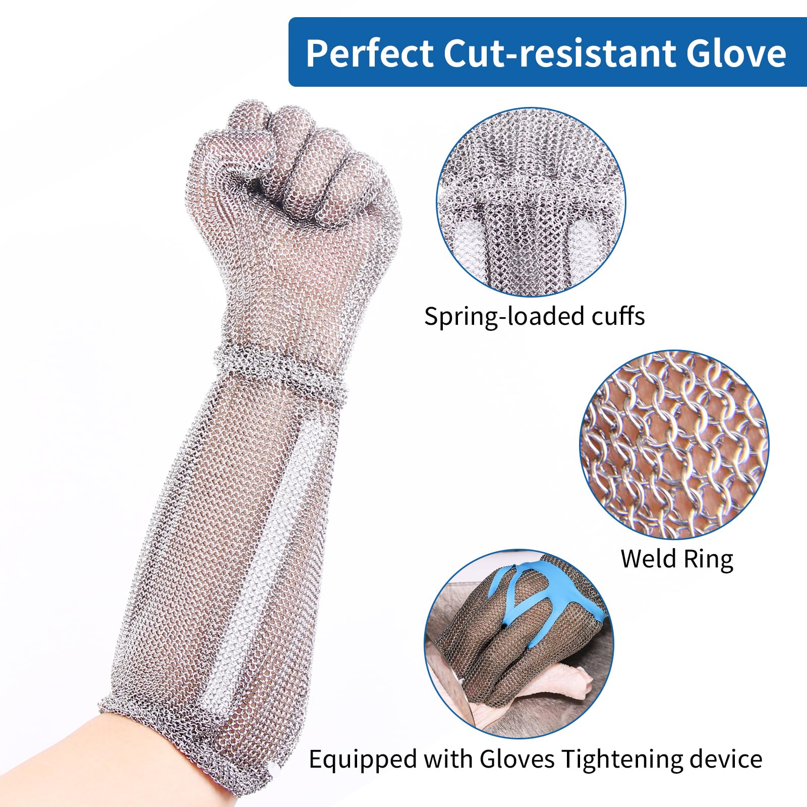 Guantes resistentes a los cortes de acero inoxidable, 20 cm de largo, puños con resorte, adecuados para carniceros y cocineros, guantes de seguridad para el procesamiento de alimentos (S)