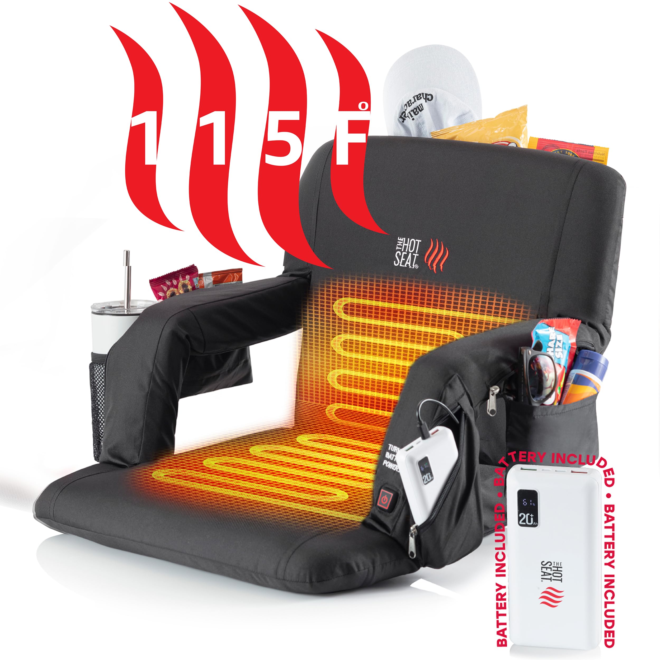 POP The Original Hot Seat, Dual Heat Stadium Chair with Back Support, Heats Seat and Back, 3 Heat Levels, 5 Pockets, 6 Reclining Positions, for Outdoor Sport Events, USB Battery Pack Included