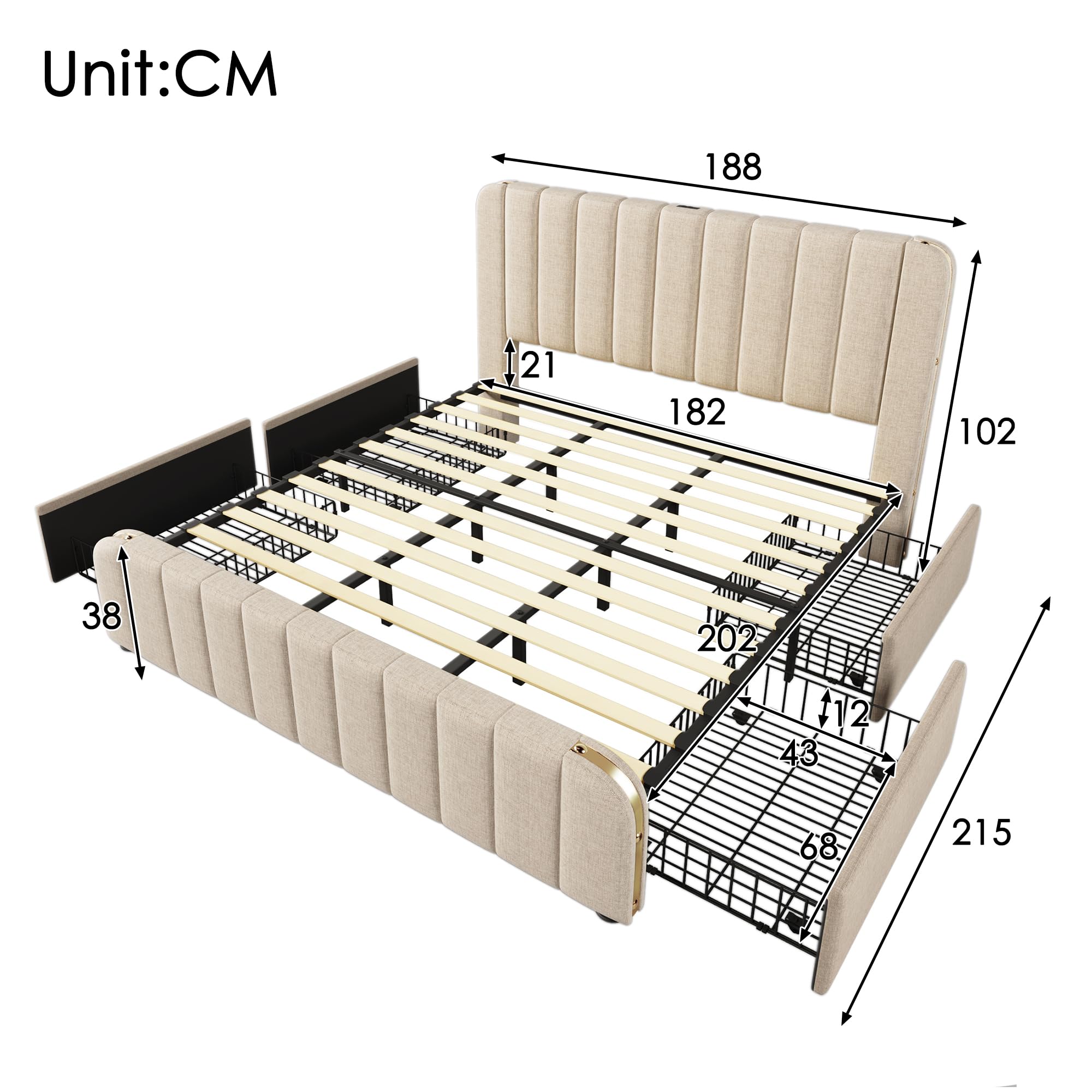 Cama tapizada de 180 x 200 cm, cama de matrimonio con 4 cajones y puerto USB Tipo-C de tela de lino, cabecero tapizado con acabados dorados, para adultos y niños, sin colchón, beige