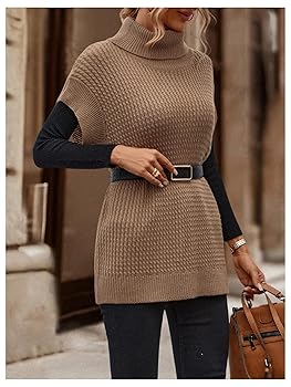 ★ ★ Women's Brown Hero Monologo Crew Neck Short MakeMeChic Women's Turtleneck Short Sleeve Sweater Knitted