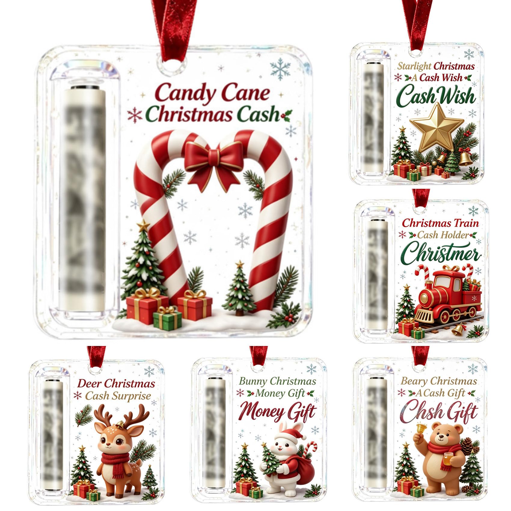 6Pcs Christmas Cash Gift Holder Ornament, Funny Hanging Xmas Tree Decor, #D