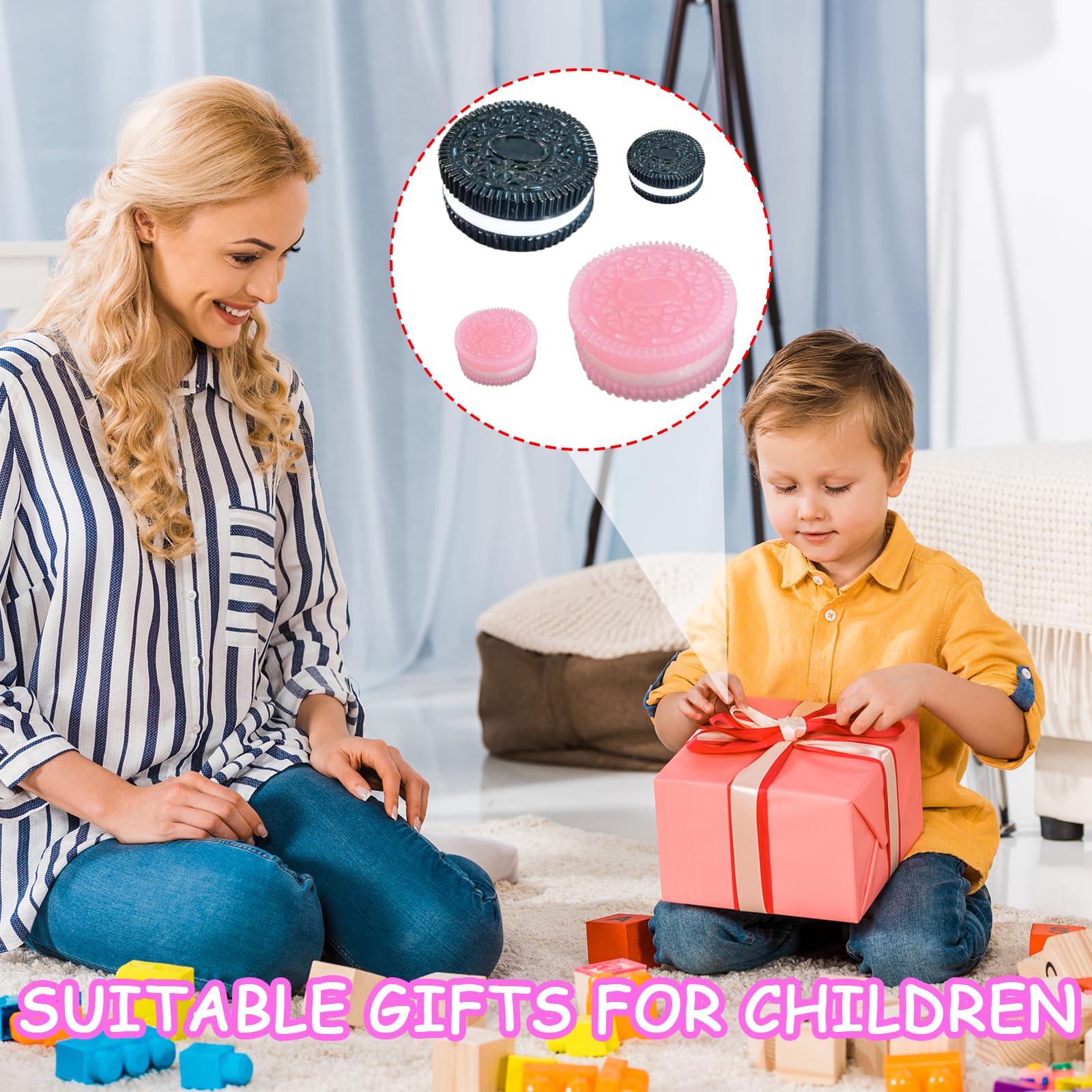 MUNSKT 4-Pack Oreo-Inspired Squishy Set 2 Large + 2 Mini Keychain Charms (Pink & Black), Squeezeable to Relief Stress Anxiety, Party Favors & Desk Relaxation, for Kids & Adults - Image 4