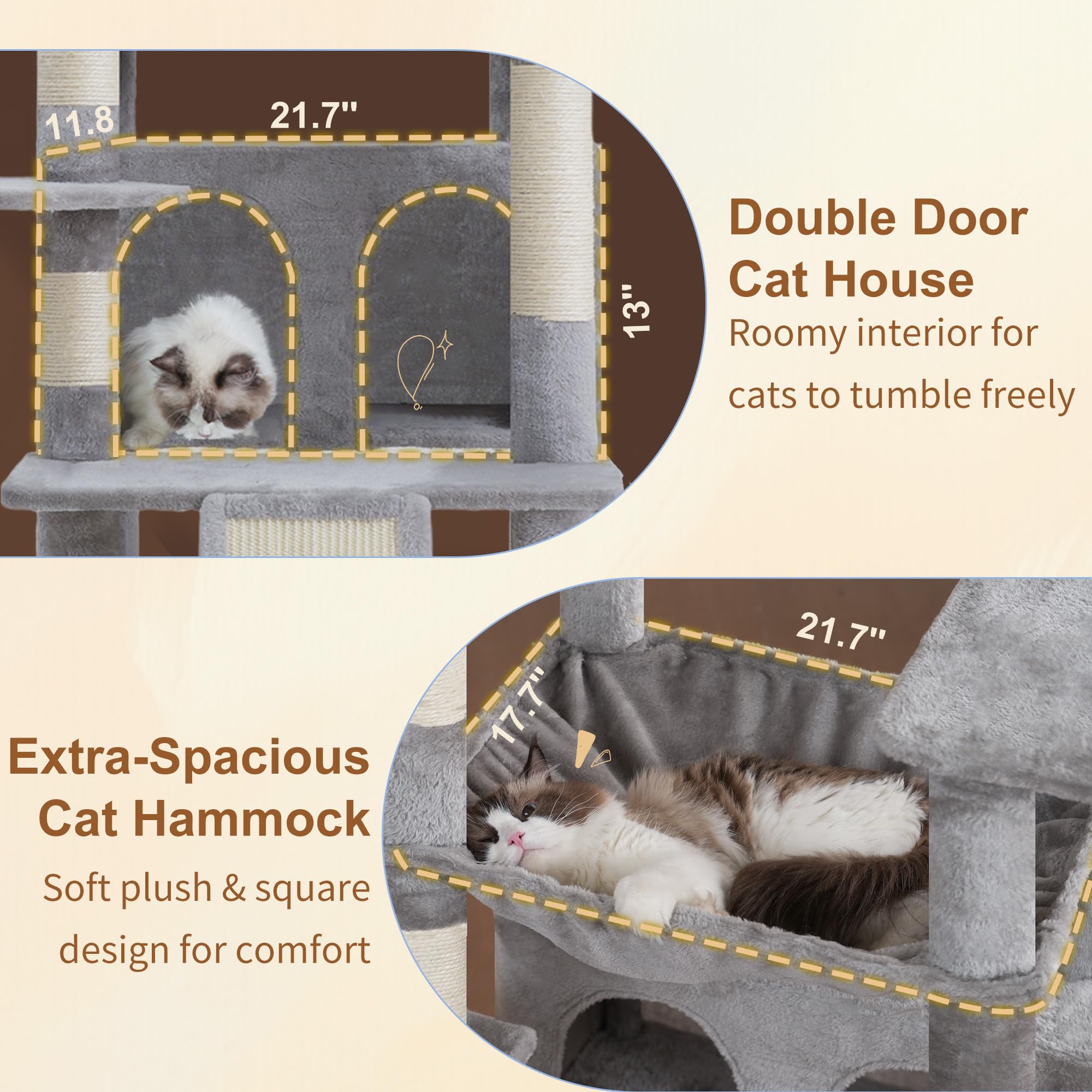 Heybly Rascador para Gatos, 191cm Arbol Rascador Grande con 2 Plataformas Descanso Extra Grandes, Superficie para Rascar, Cueva Grande Cesta Poste Sisal Adecuado Gatos Adultos, Gris Claro HCT038W