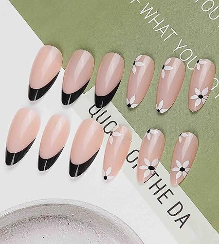 Miniatura 4 de 24 uñas acrílicas a presión medianas, uñas postizas de aguja con pegamento, francesas negras y flores para mujer