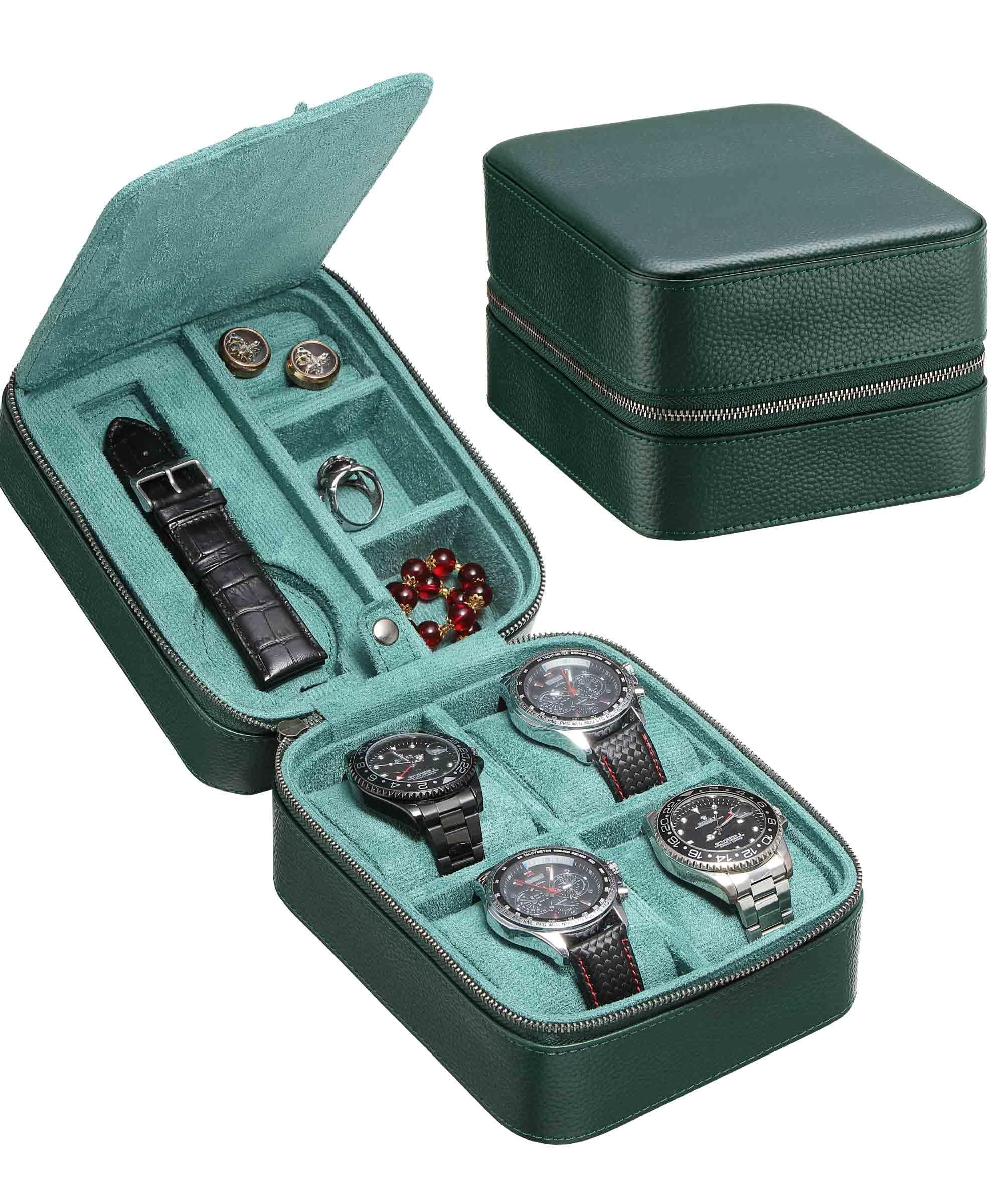 Estuche de viaje para 5 relojes, organizador de almacenamiento con compartimento para correa de reloj, joyas y herramientas, de piel auténtica granulada con cremallera, color verde