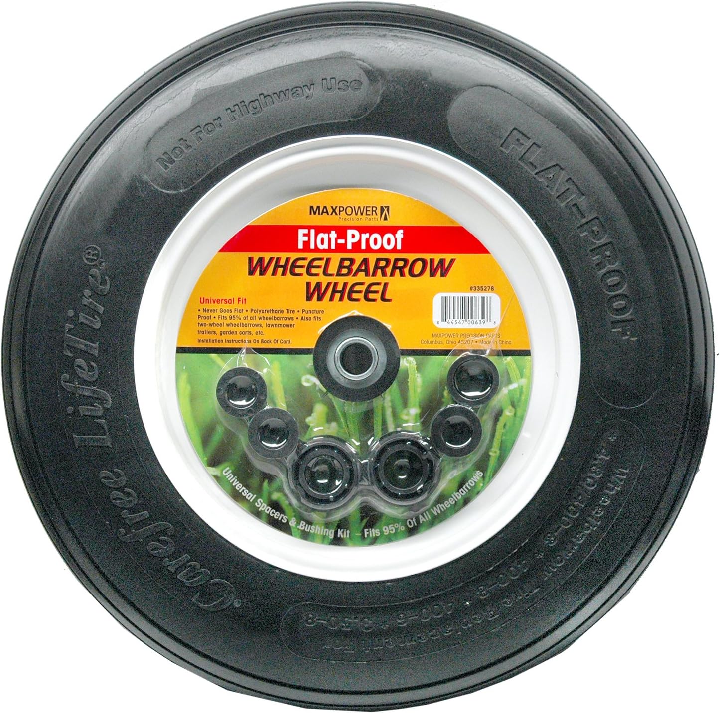 MaxPower 335278 Flat Proof Universal Wheelbarrow Wheel with Spacing Washers for Various Hub Configurations