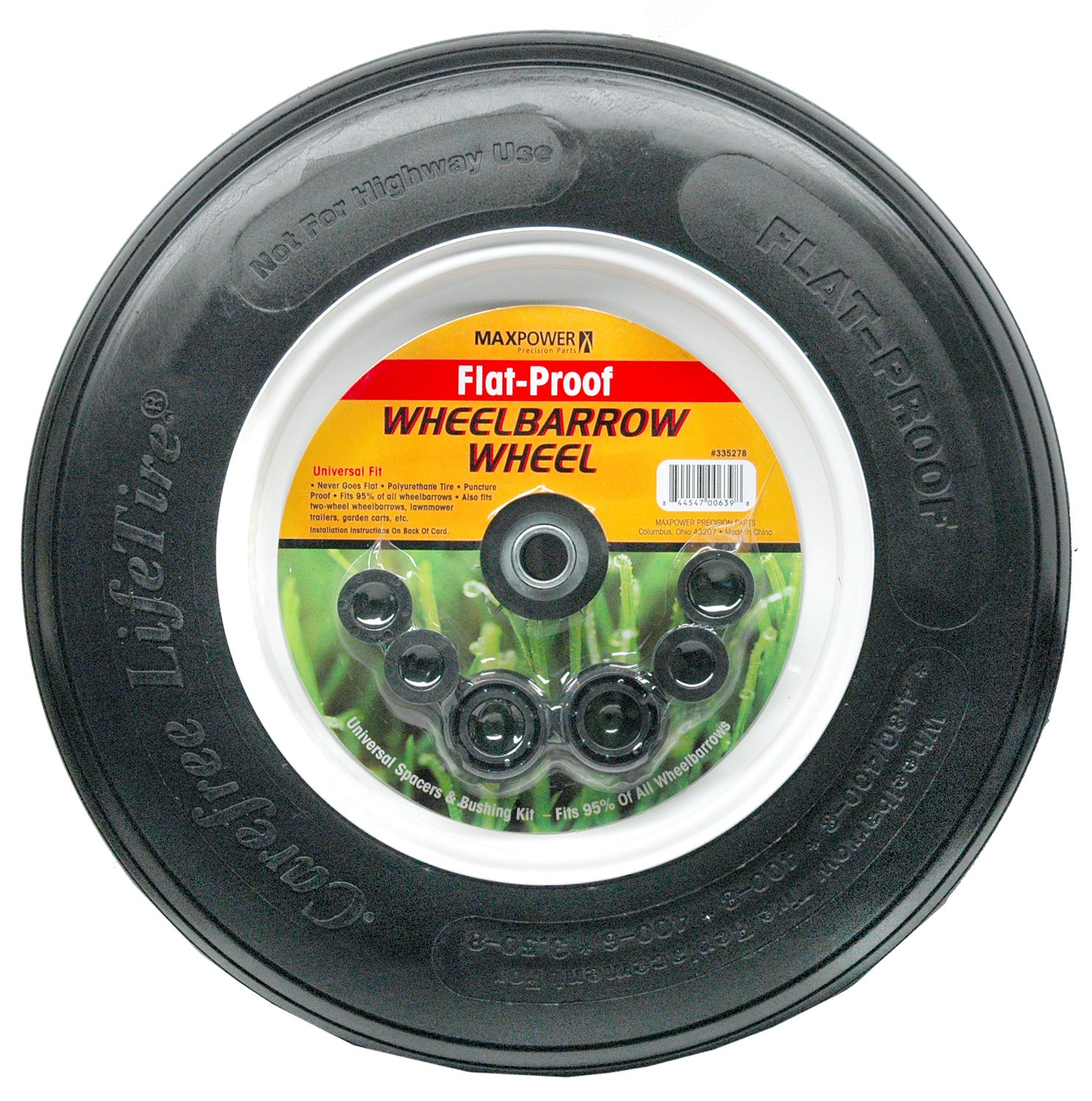 MaxPower 335278 Flat Proof Universal Wheelbarrow Wheel with Spacing Washers for Various Hub Configurations
