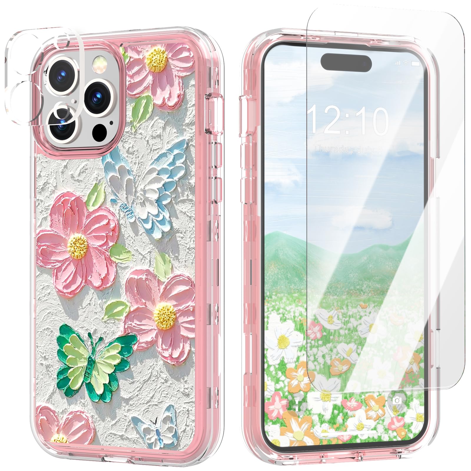 ACKETBOX for iPhone 14 Pro Max Case,Colorful Flowers for iPhone 14 Pro Max Phone Case Cute,with Screen Protector & Camera Lens Protector（Green Butterfly）