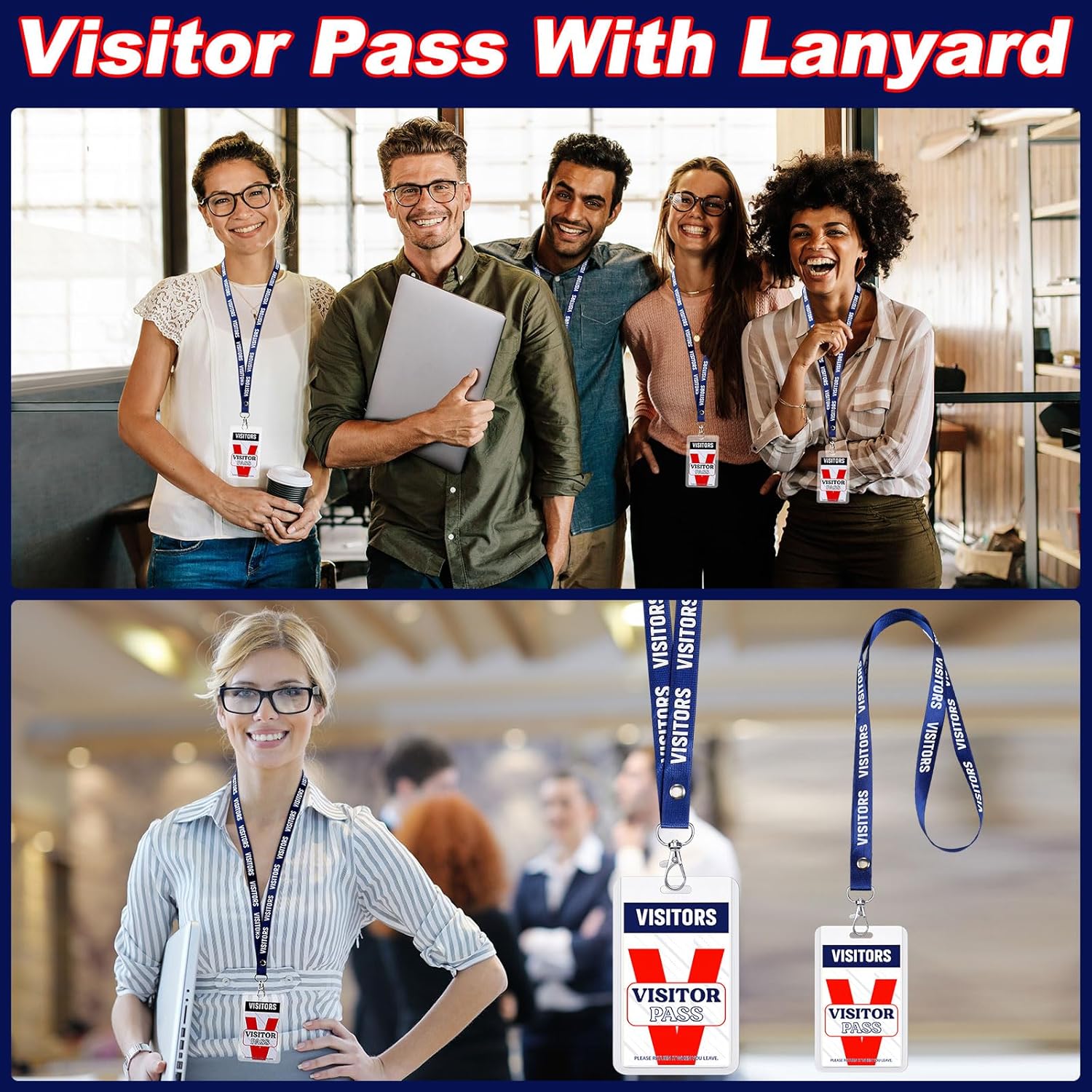 Jetec 36 Set Visitor Badges with Lanyard PVC Plastic Card Reusable Visitor Pass Badge Holders Guest Name Tag Temporary Pass for Company School Exhibition Client Customer Vendor