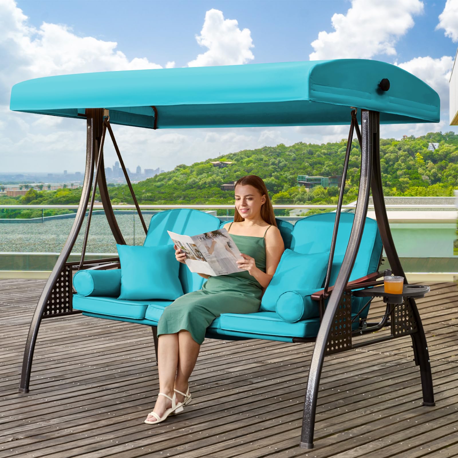 3 in 1 Outdoor Porch Swing with Adjustable Canopy, 3 Seat Outdoor Swing for Adults, Patio Swing Chair with Thickened Cushions,Pillows &amp; Cup Holders for Backyard, Porch, Garden (Lake Blue)