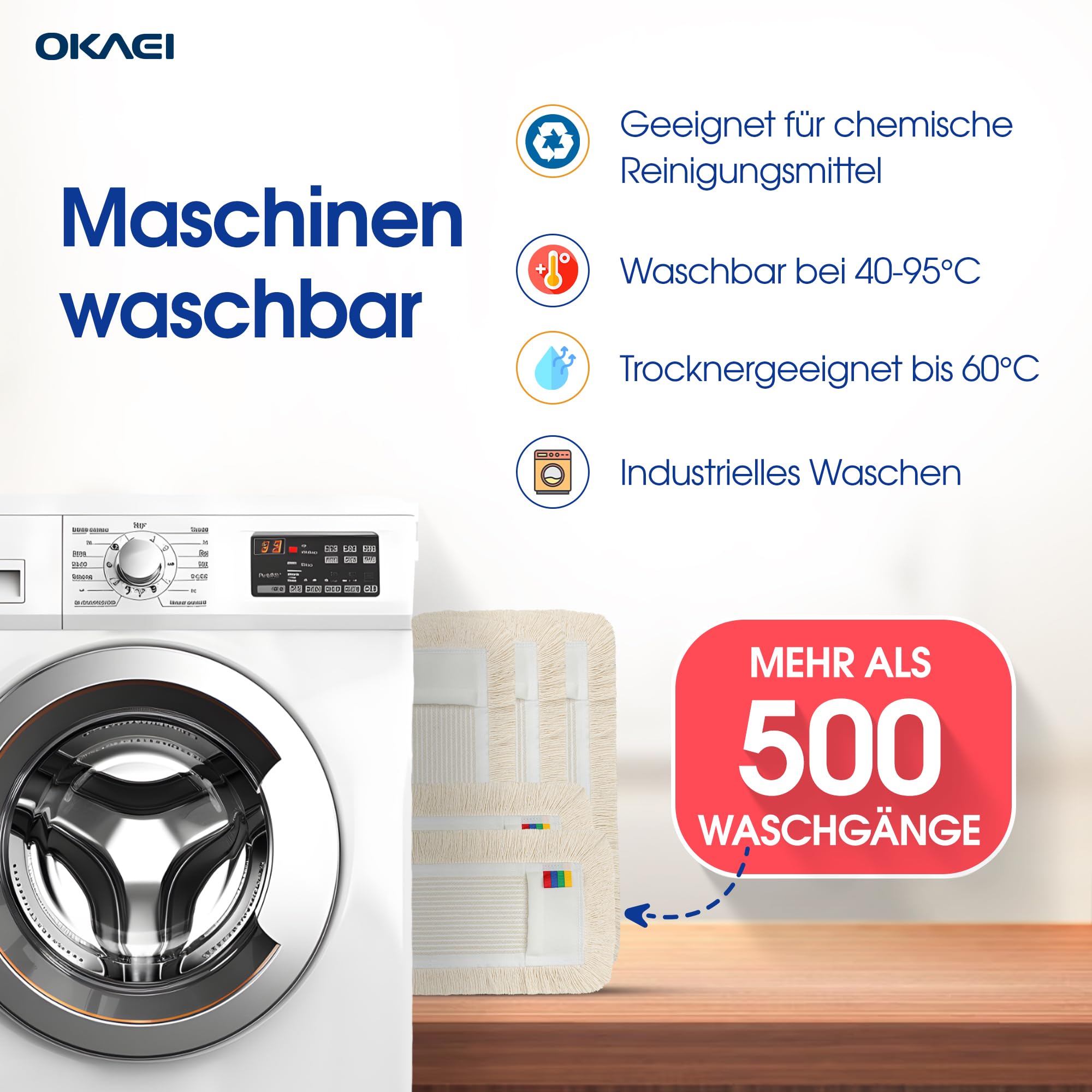 OKAEI Wischmop Set 50 cm – 10× Wischmopp‑Bezug Beige + Klapphalter & Alu‑Teleskopstiel – Bodenwischer‑Set für Trocken‑ & Nassreinigung