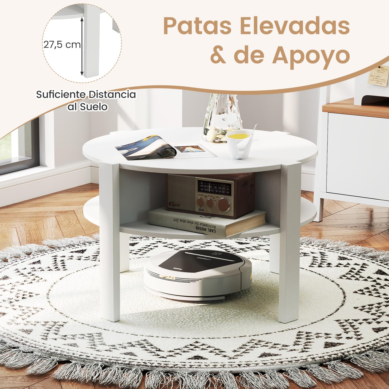 GOPLUS Mesa de Centro Redonda de 2 Niveles, Mesa de Café de Madera con Compartimiento Abierto, Almohadillas Antideslizantes, Mueble para Salón, Oficina, Sala de Espera, Carga 60 kg (Blanco)