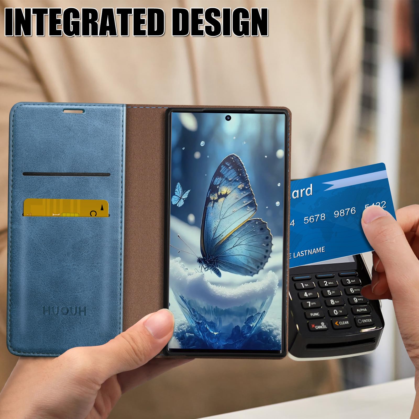 HUOUH Funda para Samsung Galaxy S24 Ultra titular de tarjeta de crédito,Cubierta a prueba de golpes teléfono Funda,Estuche de Billetera cuero de PU con Bloqueo RFID para SamsungS24Ultra Azul Brillante