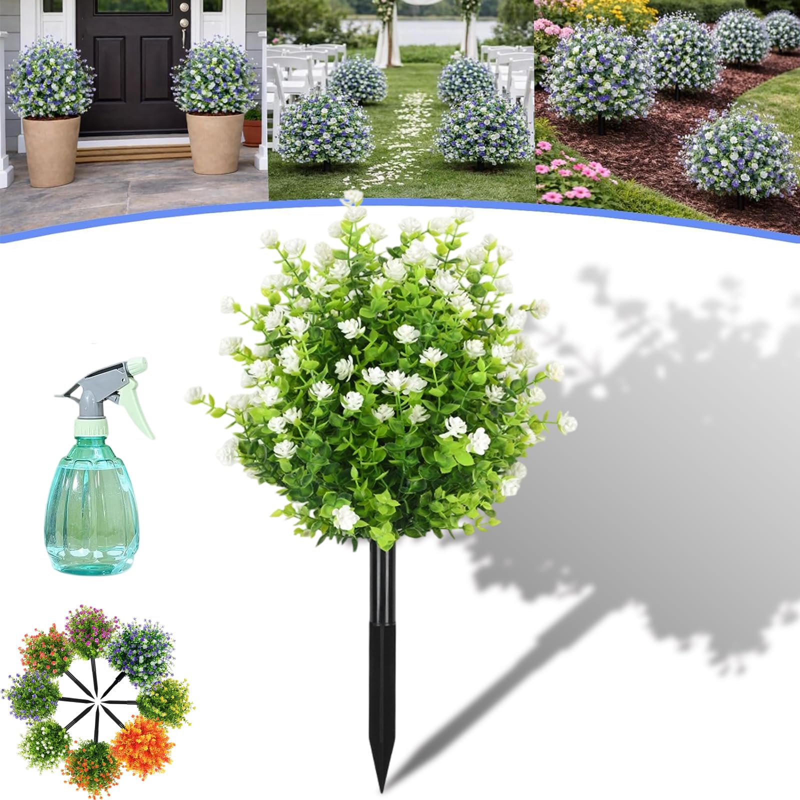Artificial Potted Trees with Ground Stakes, UV Resistant Faux Plants for Outdoors, Realistic Artificial Outdoor Topiary Bushes in Pots, Fake Garden Shrubs for Front Porch Patio Decor (E,6 Pcs)