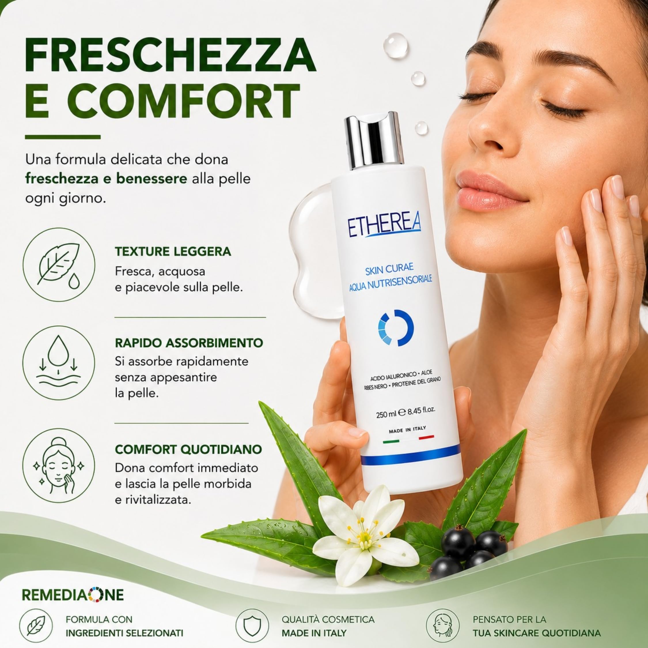 REMEDIA ONE Etherea Tonico Viso Acqua Nutrisensoriale, Ricarica 1 Litro | Face Toner, Acido Ialuronico, Aloe e Ribes Nero, Senza Alcool, Nichel Tested, Tutti i tipi di pelle, Made in Italy