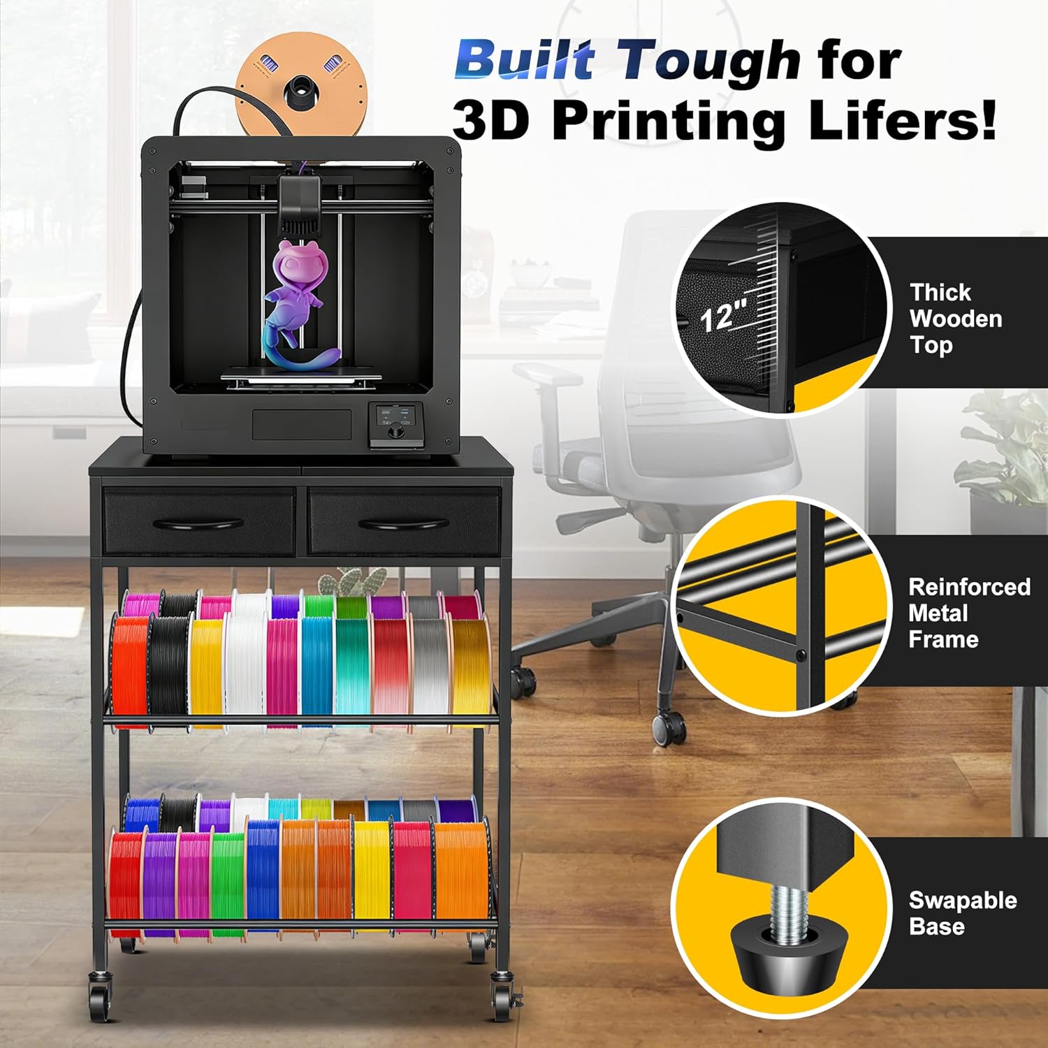 3D Printer Filament Storage Rack with Drawers, 3Tier Metal Filament Spool Holder with Wheels, 3D Printer Filament Stand for PLA/ABS/TPU/Nylon, Filaments Organzied for Workshop Studio Office, Black