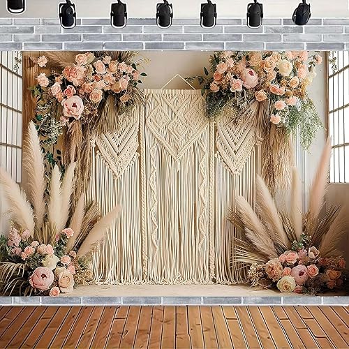 Miniatura 4 de Fondo de fotografía de césped bohemio de las pampas, fondo retro bohemio para fotografía de ventana, telón de fondo bohemio para habitación de