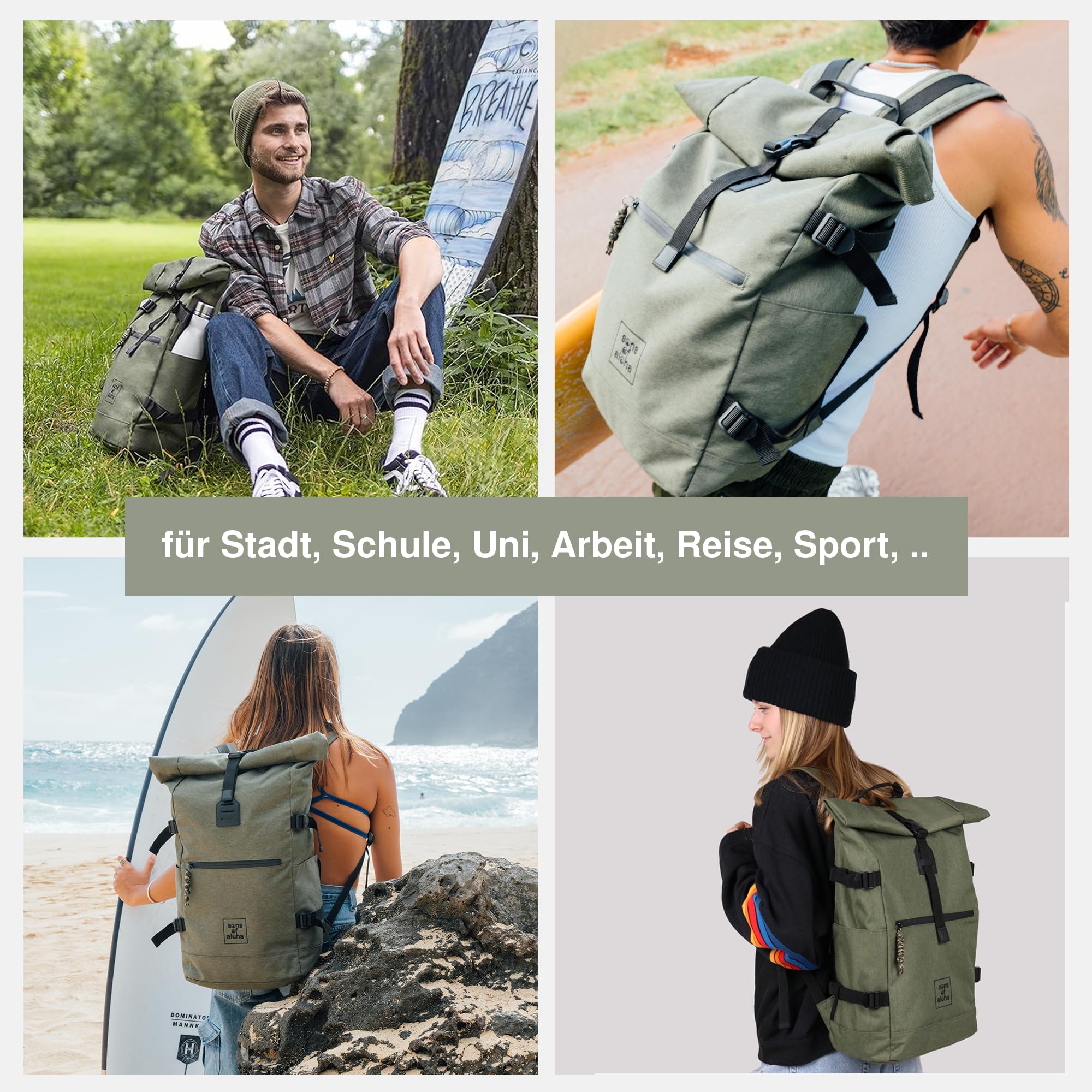 SONS OF ALOHA Rucksack KANE Roll-Top Kurierrucksack XL groß - PET recycelt, wasserabweisend - Wander-Rucksack Laptop-Fach 15 Zoll olive-grün