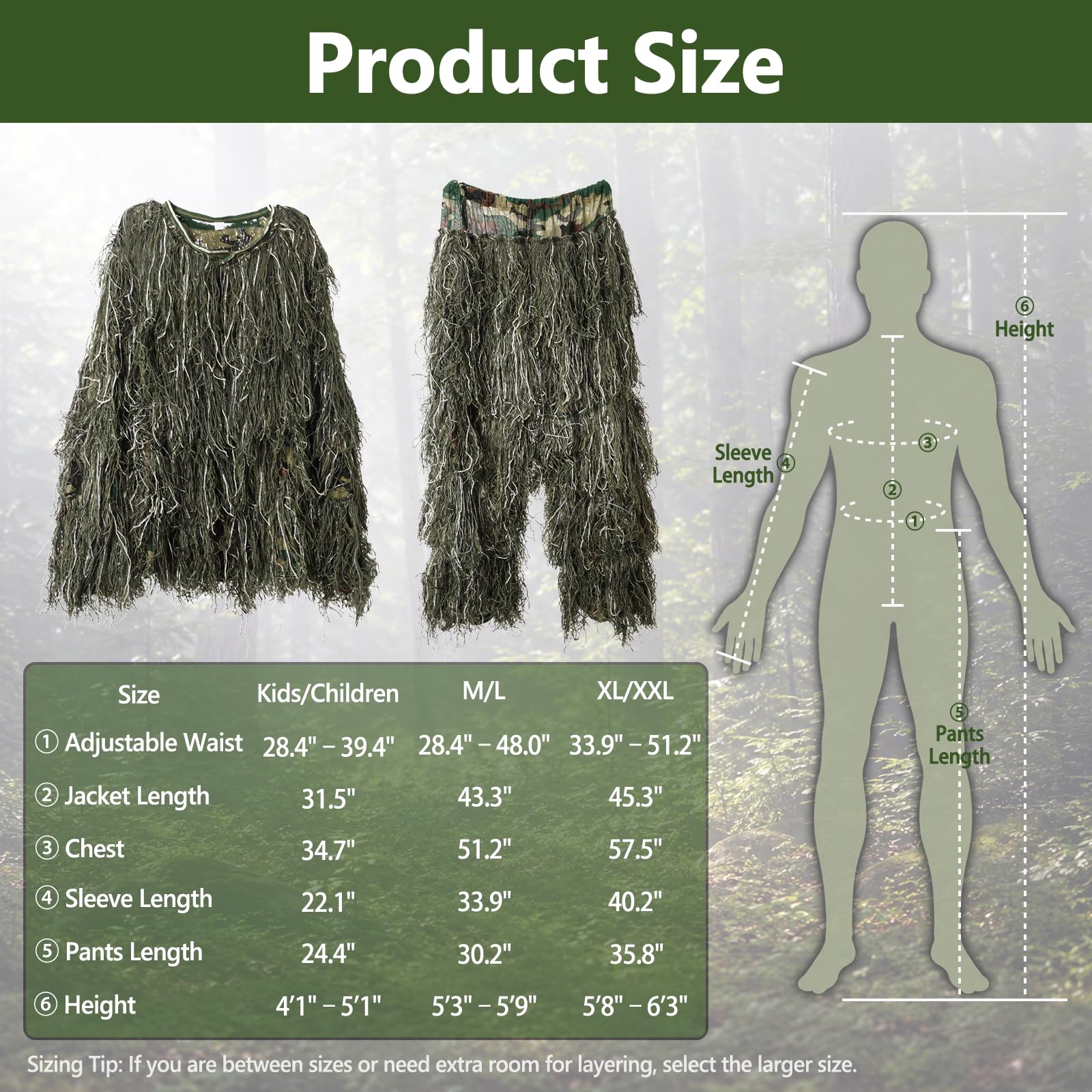 MOPHOTO Ghillie Suit 3D Leafy Camo Camo Tuta da caccia, Woodland Gilly Suits Gillies Abiti da uomo, Foglie Camouflage Caccia