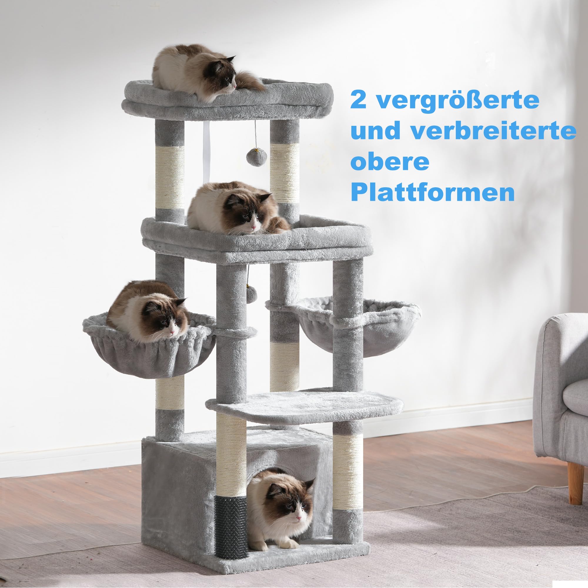 Hey-brother Kratzbaum für große Katzen, mit 2 Grosse Plattformen, MPJ070W | 130 cm Katzenbaum für Maine-Coons, symmetrische Struktur, Stabil, 2 korb, große Katzenhöhle, Kämmmaschine, Hellgrau