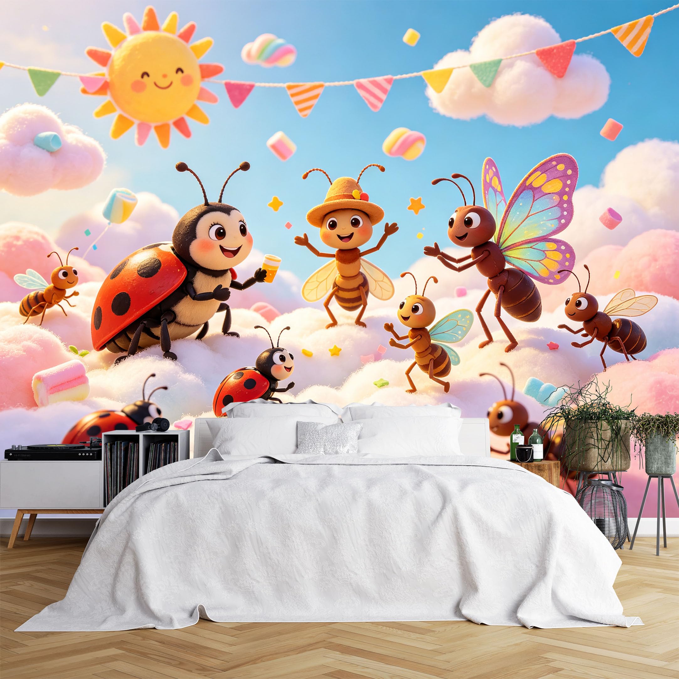 Lcythiazole Ch260615225 Custom Size Wall Murals Cartoon Insect Cloud Party Full Wall Wall Murals Self-Adhesive Wall Fabric (No Pvc) Removable Wallpaper For Kids Playroom