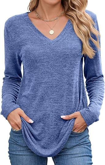 Long Sleeve Shirts for Women Soft V Neck Fall Fashion Clothes Work Loose Dressy Basic Outfits