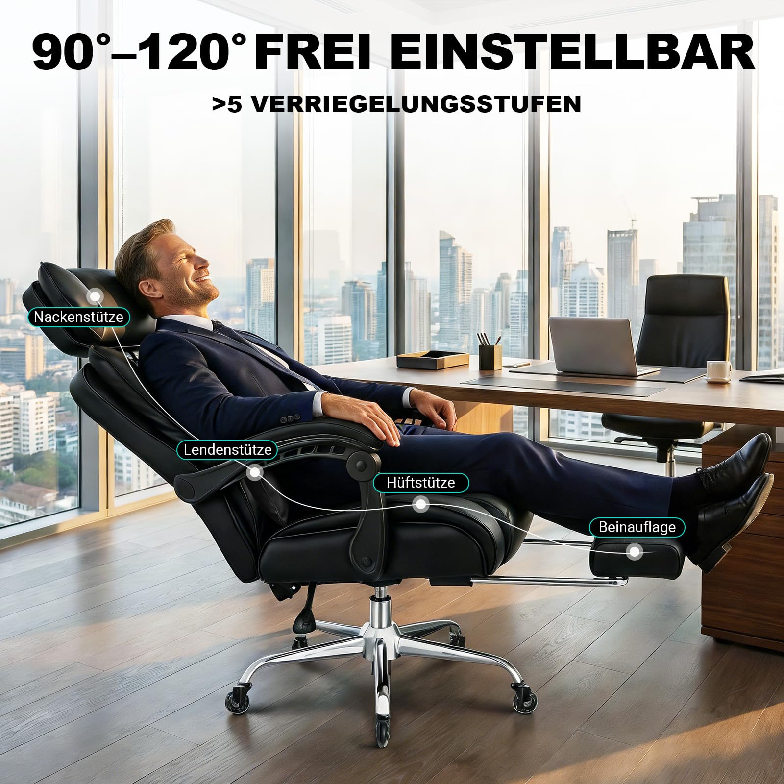 BASETBL Bürostuhl 200kg, Chefsessel mit 4-stufiger Gasdruckfeder, 3D Armlehnen, Verstellbarer Lendenstütze & Kopfstütze, Leises Gummirollen, XXL breiter Sitz, EN12520, ergonomischer Schreibtischstuhl