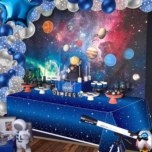 Miniatura 6 de Juego de 4 manteles de noche estrellada Mantel rectangular de plástico de 86 x 51 pies, cubierta de mesa temática espacial Suministros para fiesta