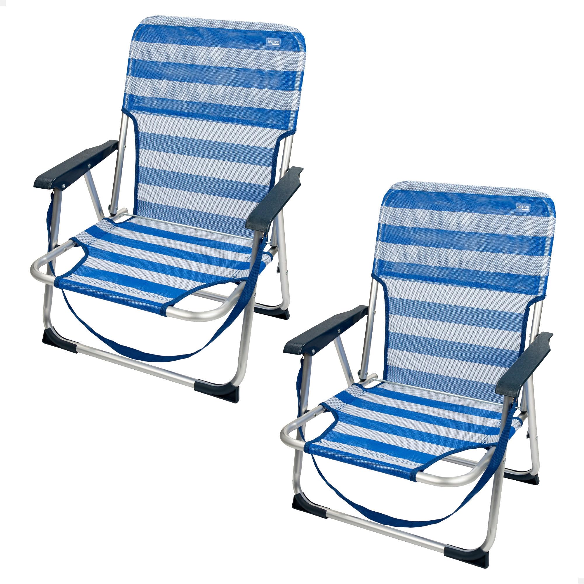 AKTIVE Pack 2 sillas Playa Plegables, Azul y Blanco, De textileno y Aluminio, Respaldo Fijo, 44x40x72 cm, con asa Hombro y topes antivuelco, Máximo 100 kg, Ligeras y Resistentes, Asiento bajo (85466)
