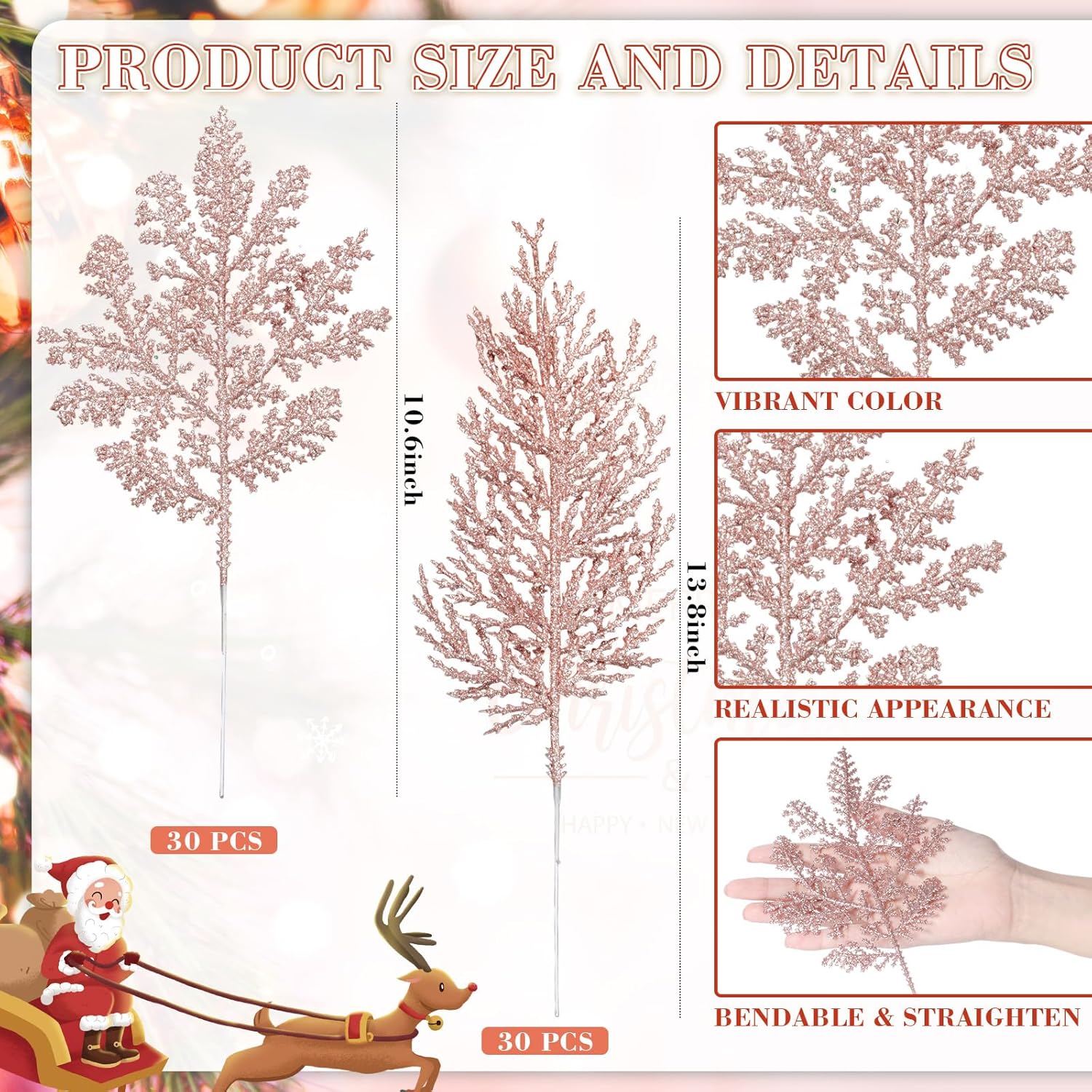60 Pcs Christmas Tree Picks and Sprays, Glitter Stems and Artificial Glitter Pine Needles, Christmas Tree Filler Decorations for Xmas Trees Wreaths Vase DIY Holiday Party Wedding Home Decor(Rose Gold)