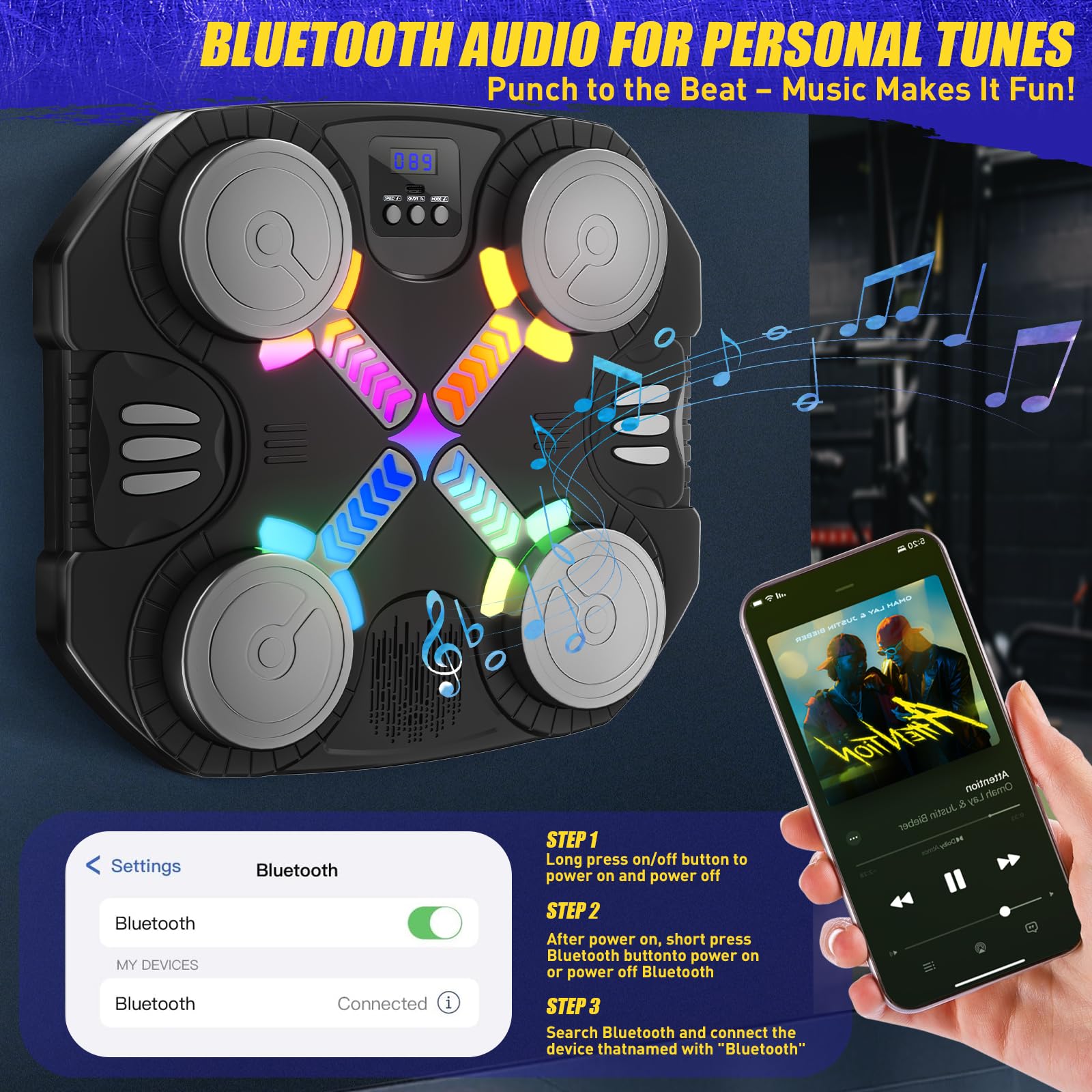 Máquina de Boxeo Musical para Niños, Máquina de Boxeo Bluetooth Montada en Pared con Guantes, Luces y Retroalimentación Sonora, Niños y Niñas de 3 a 12 Años (Negro)