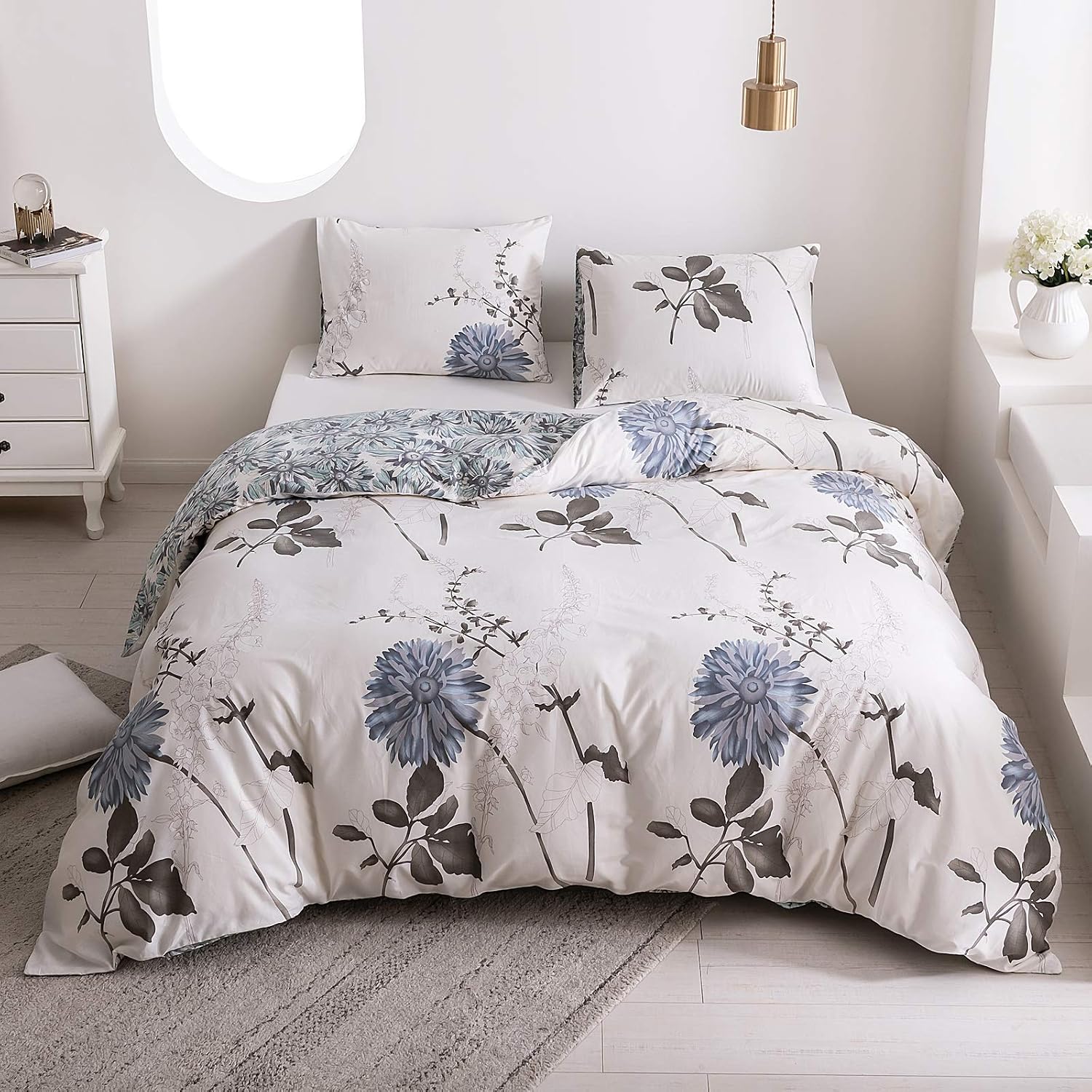 Exclusive Discount 90% Price SIGOODS 100% Natural Cotton Duvet Cover Sets Queen Size, 3 PCS Soft Grey and Blue Floral Cotton Comforter Cover Sets, Boho Bedding Set with Zipper Closure,1 Bohemian White Duvet Cover,2 Pillowcase