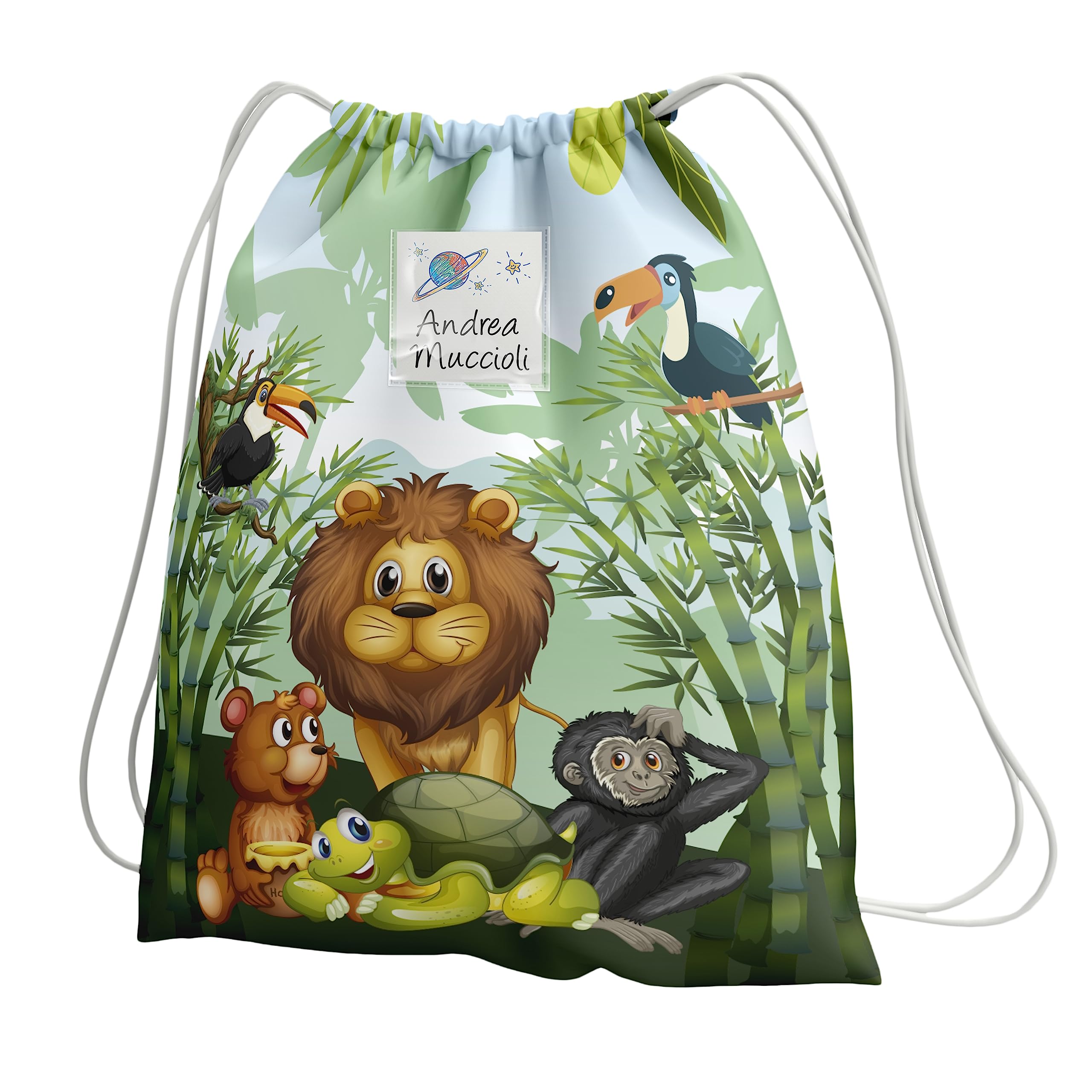 KAÏDENSÏ Sacca Asilo con Nome Personalizzata Giungla - Zainetto Asilo Nido 32x40 cm con Tasca Interna 20x10 cm - Zaino Asilo Bambino Originale per Bambini Piccoli