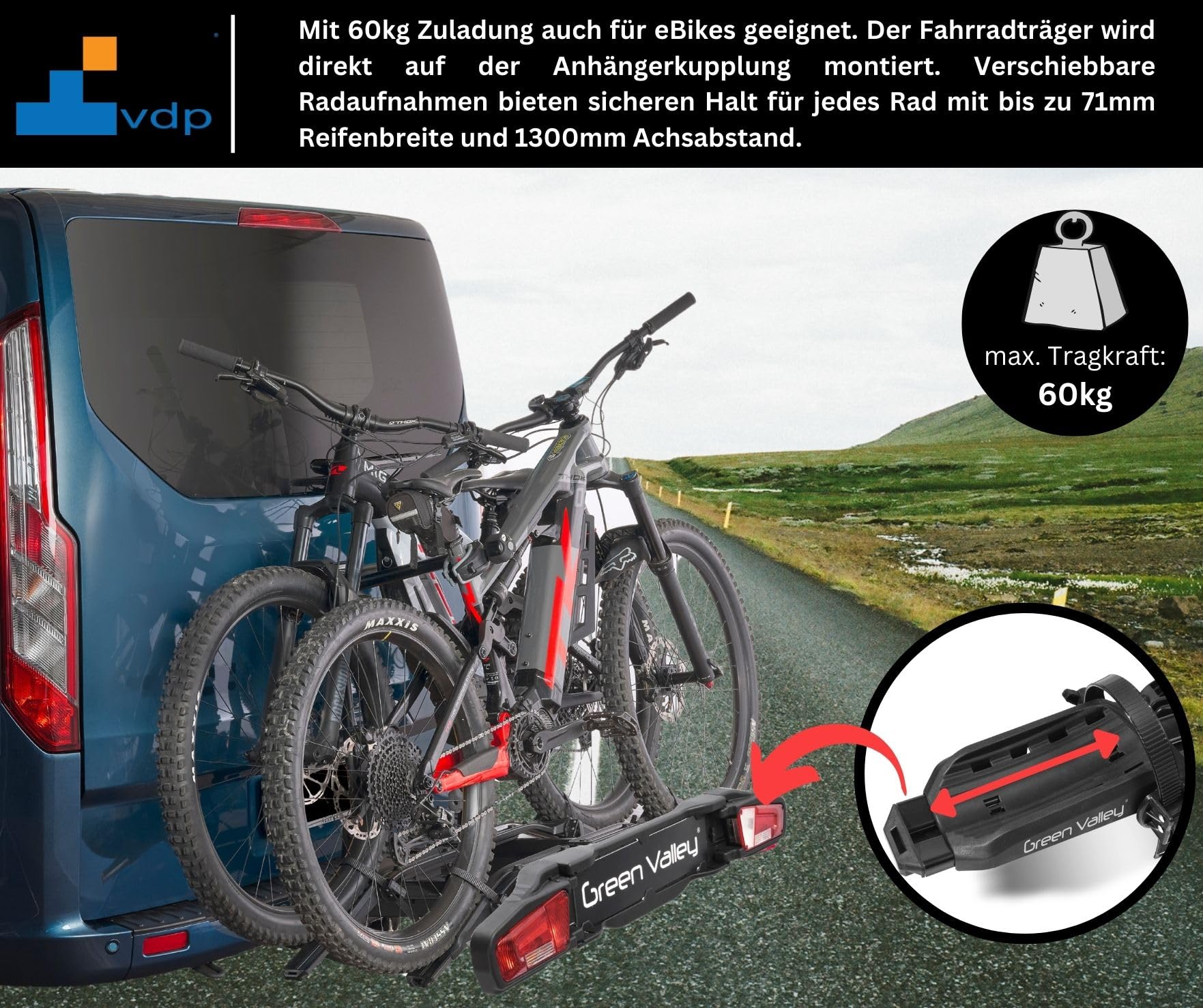 eBike Portabici Universale per rimorchio bicicletta, Portabiciclette Posteriore con Gancio – E-Explorer – per 2 biciclette – carico 60 kg – Portabici pieghevole sul veicolo – Antifurto – TÜV