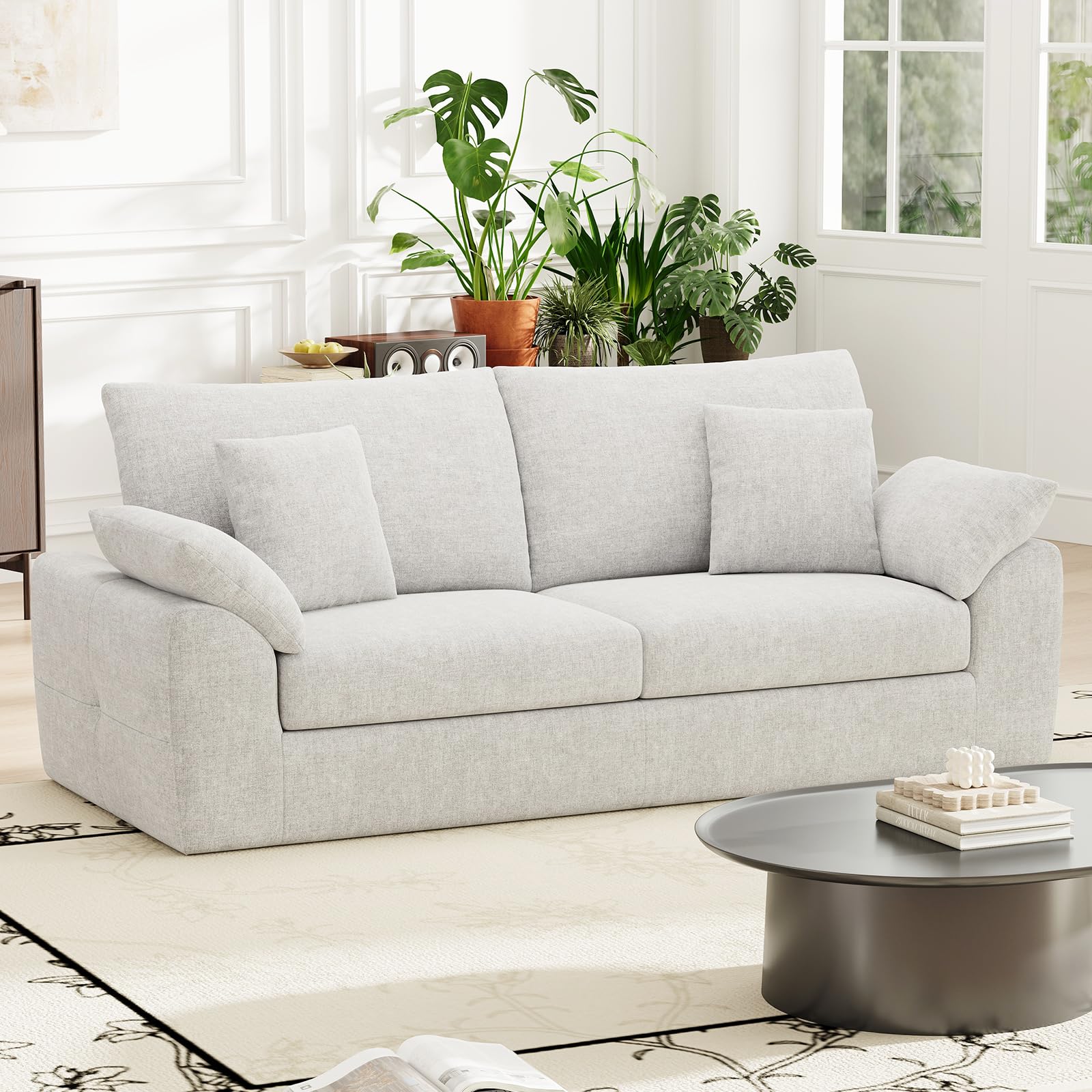 MALOL 90" Boneless Loveseat Sofa, Cloud Foam Couch, 3 Seater Upholstered Midcentury Mondern Love Seat, Wide Armrest and 4 Pillows for Home Living Room