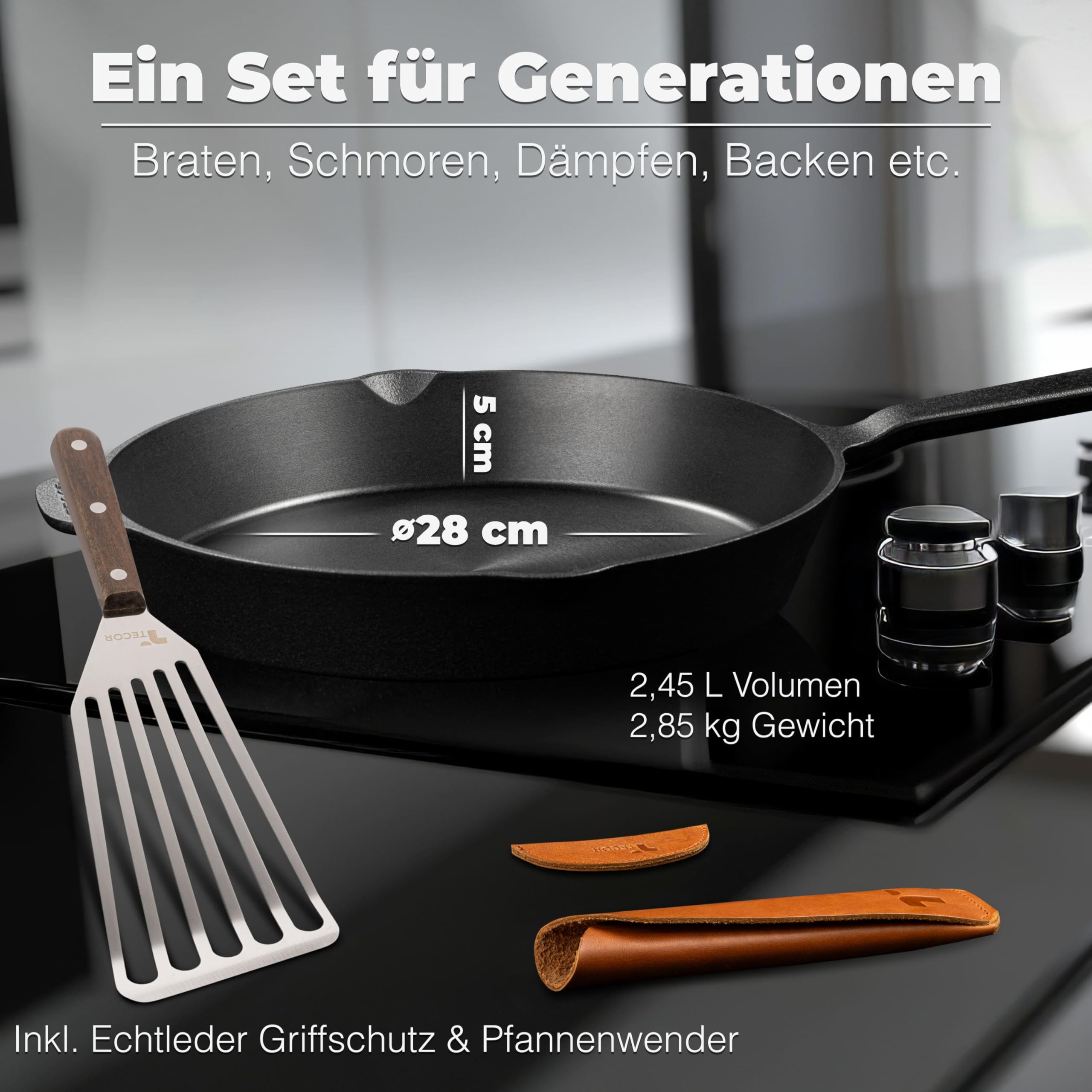 TECOR Gusseisenpfanne Induktion 28 cm geschliffen, universell, natürlich - Langlebige Pfanne Gusseisen induktion - Antihaft Gusspfanne induktion 28 cm einfach top Qualität - Cast iron pan induction