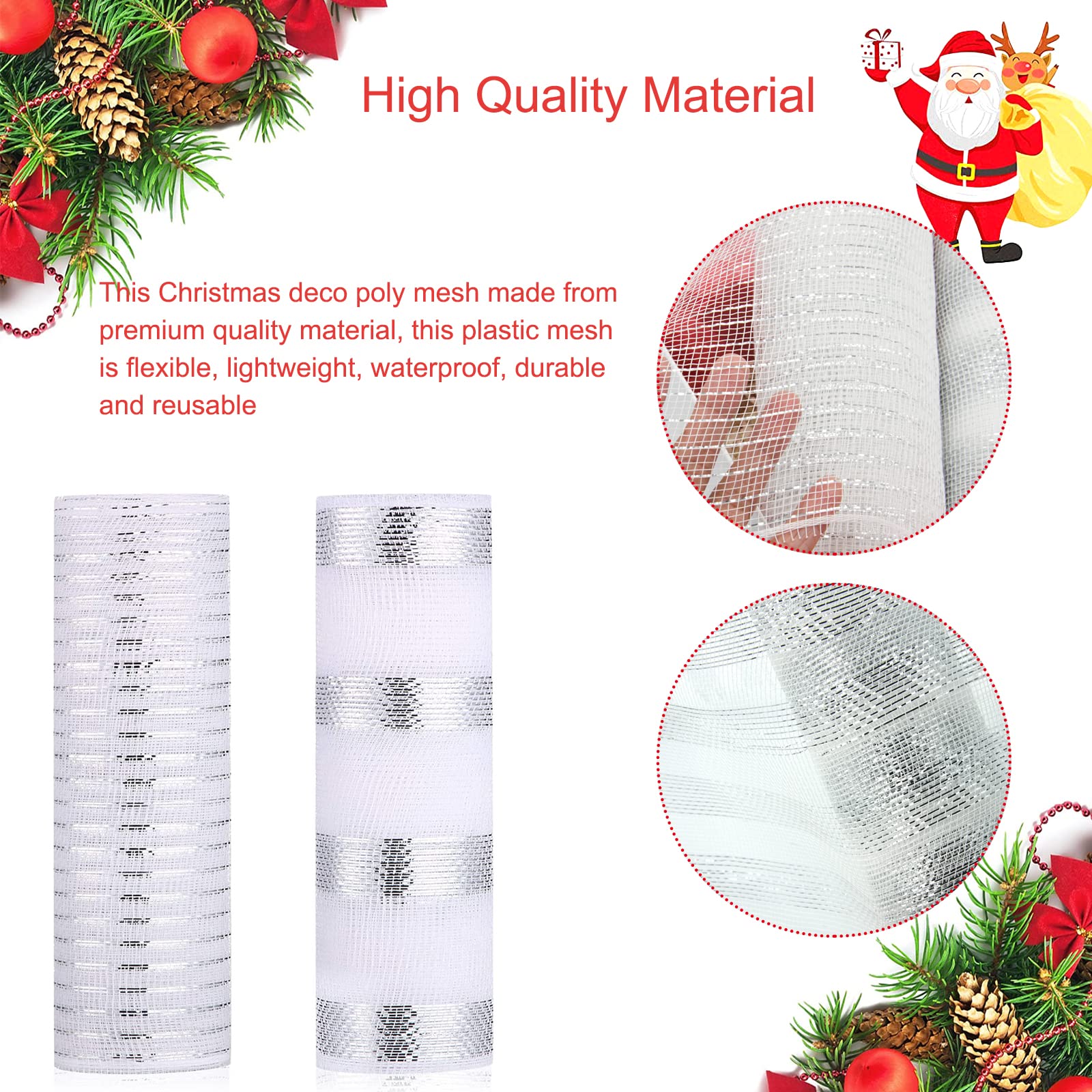 2 Rolls Decor Mesh Poly Ribbons 10 Inch x 30 Feet Each Roll Metallic Foil Mesh Ribbon Christmas Tree Decorative Mesh Silver and White Rolls for Xmas Wreaths,Swags and Home Decorating - Image 3