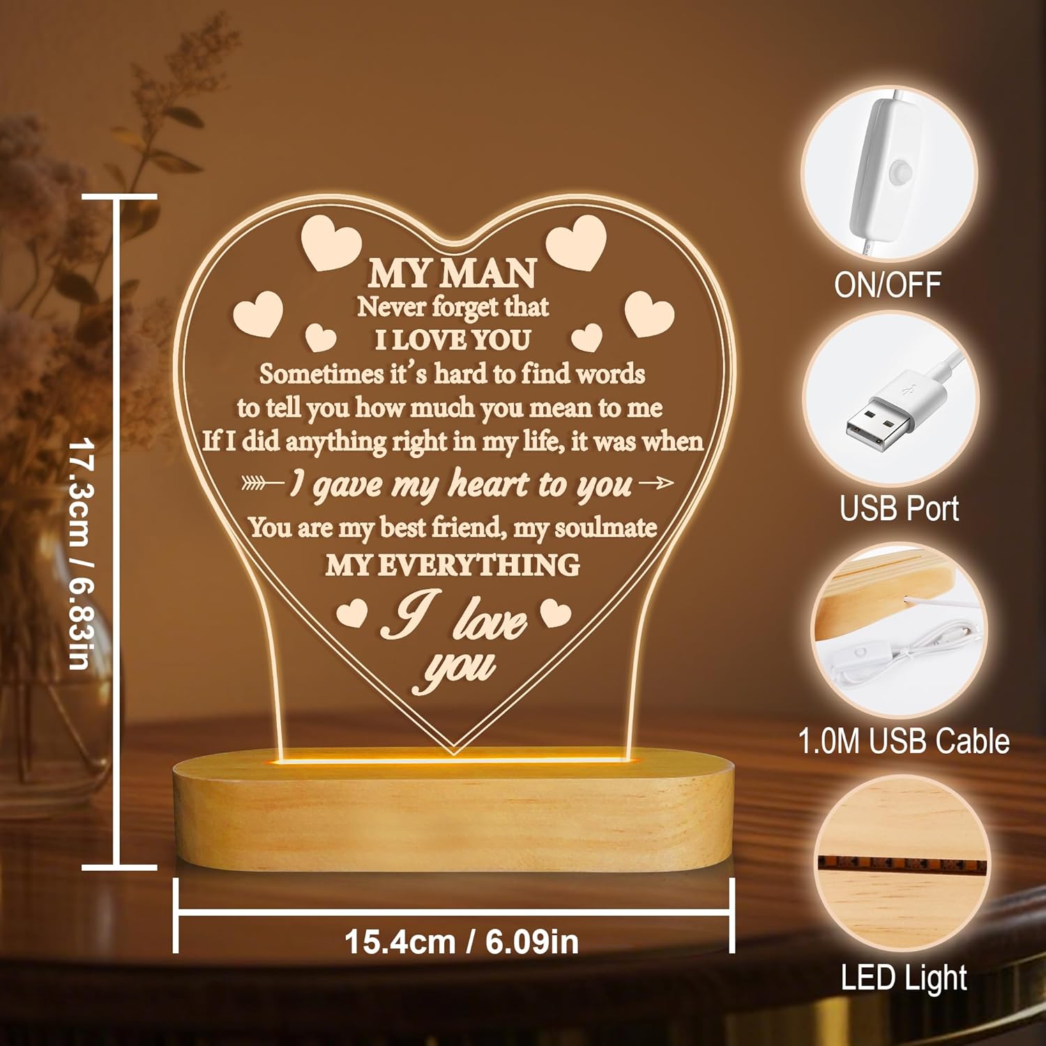Anywin Gifts for Him, I Love U to My Husband's Gifts with Warm Light for Home Decor, Gifts for Birthday, Xmas,Holidays, A Thankyou Gifts for Him Husband Boyfriend My Man