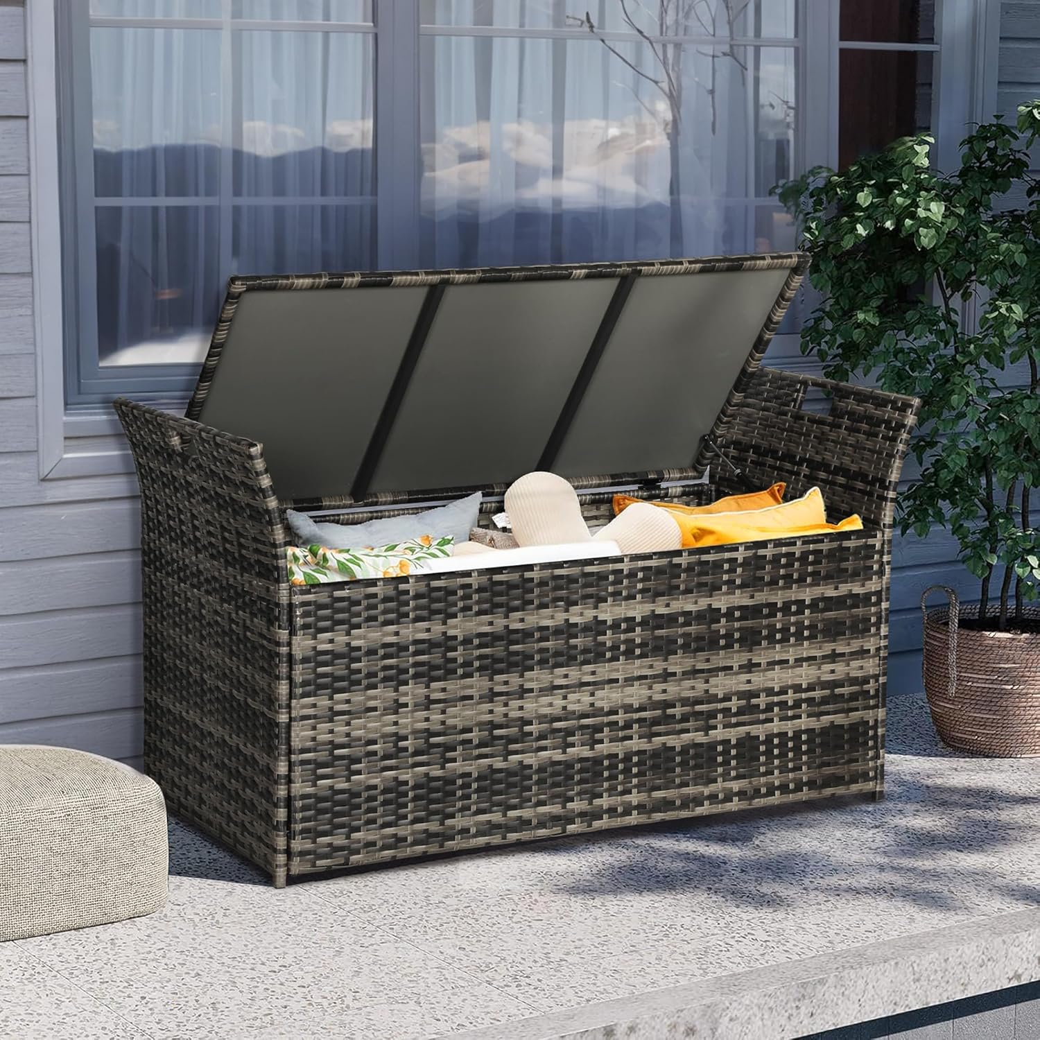Crownland 80 Gallon Outdoor Storage Bench with Cushion, Outdoor Wicker Storage Box, Patio Deck Box with Seat, for Garden, Balcony, Poolside (Grey)