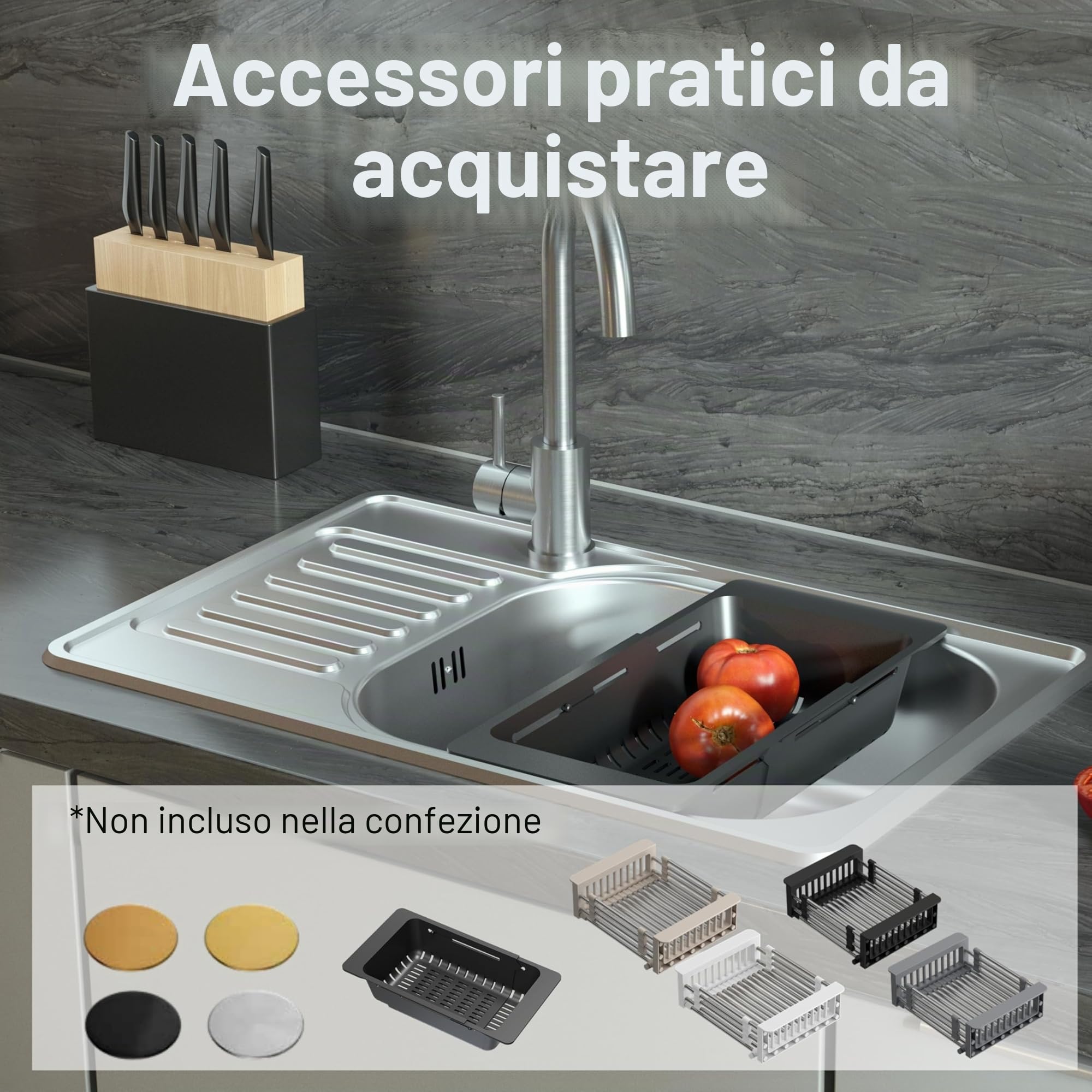 QUADRON Lavello a vasca singola in acciaio inox | Dimensioni 50 cm Colore: Flax | EDDIE Lavello da cucina | Scarico incluso | Il lavello in acciaio inox si inserisce in un mobile di almeno 50 cm