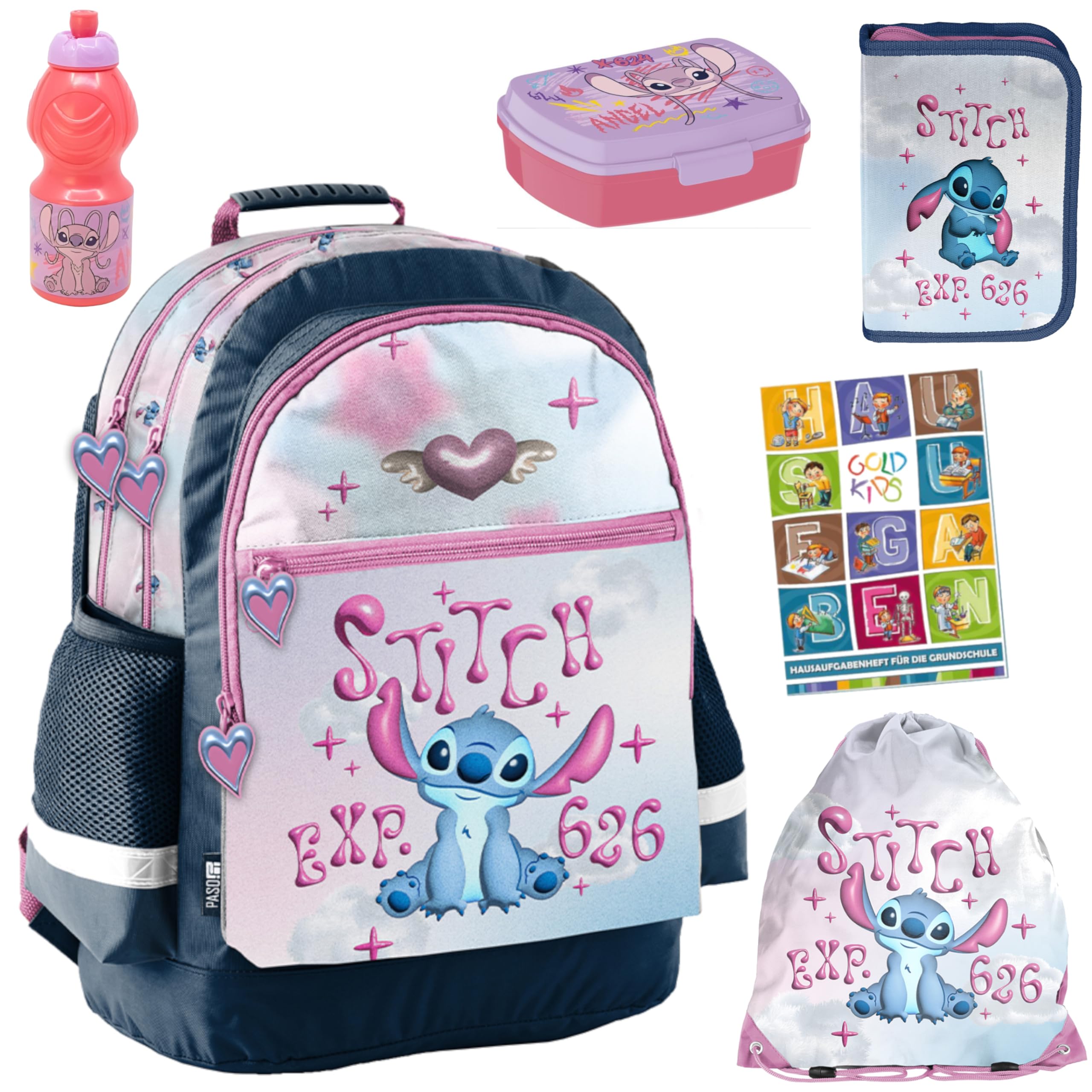 PASO- Schulranzen für Jungen und Mädchen, 6er-Set - Schul-Rucksack für Kinder mit Federmäppchen - Schuhbeutel Trinkflasche und Brotdose- Stitch Motiv- 1-3 Klasse