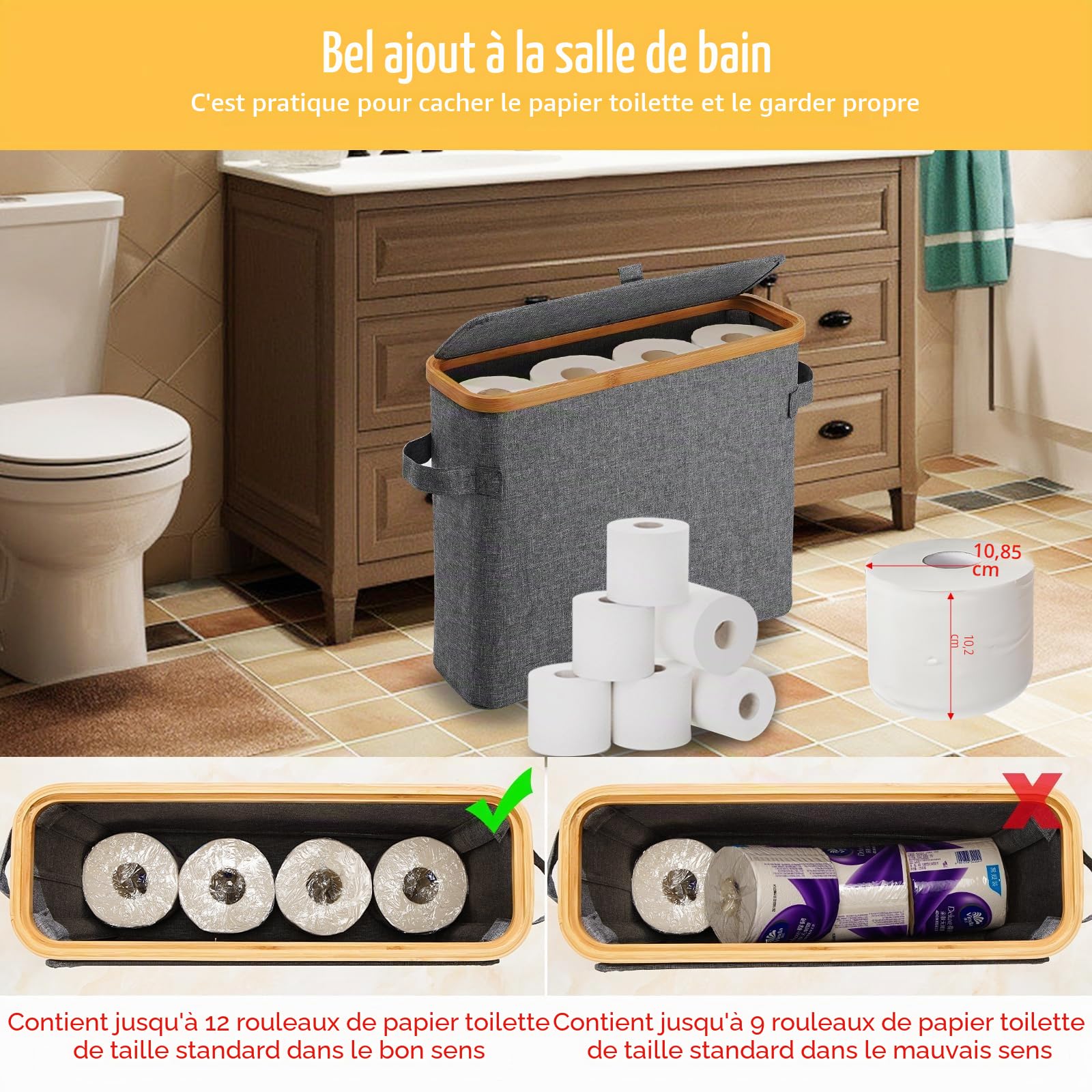 Support de rangement pour rouleau de papier toilette, panier de rangement pour rouleaux de papier toilette avec couvercle, organiseur autoportant pour armoire de salle de bain, boîte de rangement pour