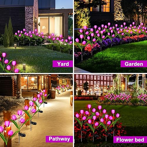 Miniatura 6 de Aolyty Luces solares de flores al aire libre, IP65 impermeables, luces solares de tulipán, luces LED de estaca para jardín, camino, césped, patio,