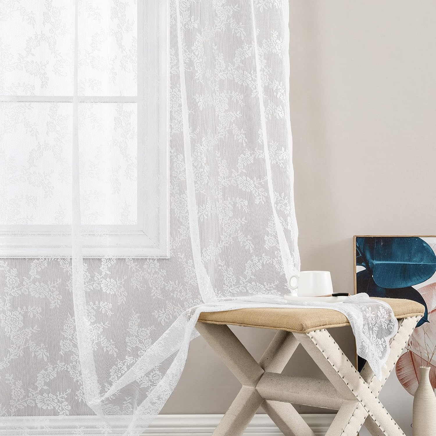 Sheer Curtains Window Drapes for Bedroom Living Room Grommet Rose Lace Retro Style Vintage to Light Filtering Airy Set of 2 Panels 84 Inch White