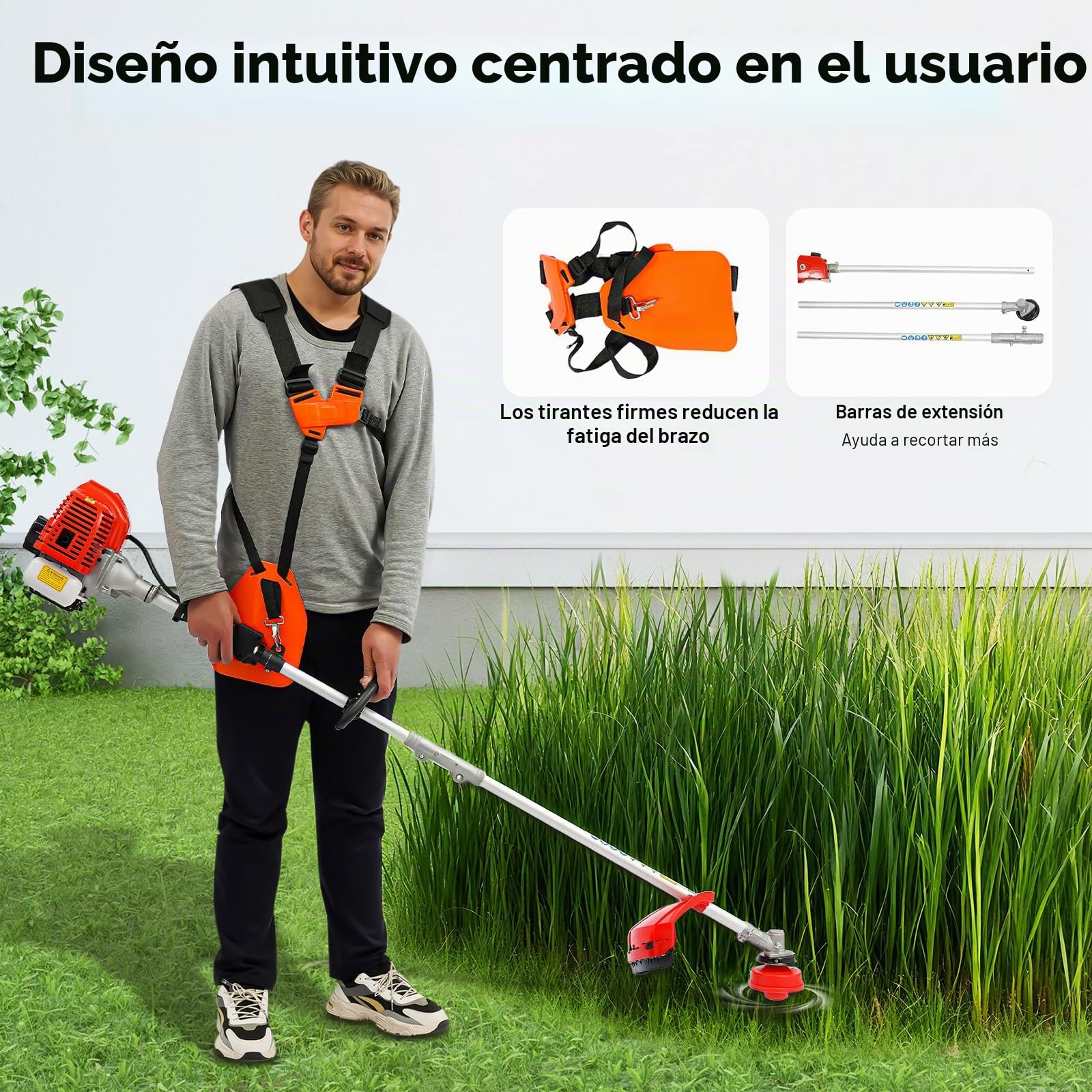 Herramienta multifunción de jardín de gasolina de 52 cc con desbrozadora, cortabordes, motosierra y cortasetos en uno, multiherramienta 4 en 1 para jardín, incluye 3× barras de extensión de 85 cm y