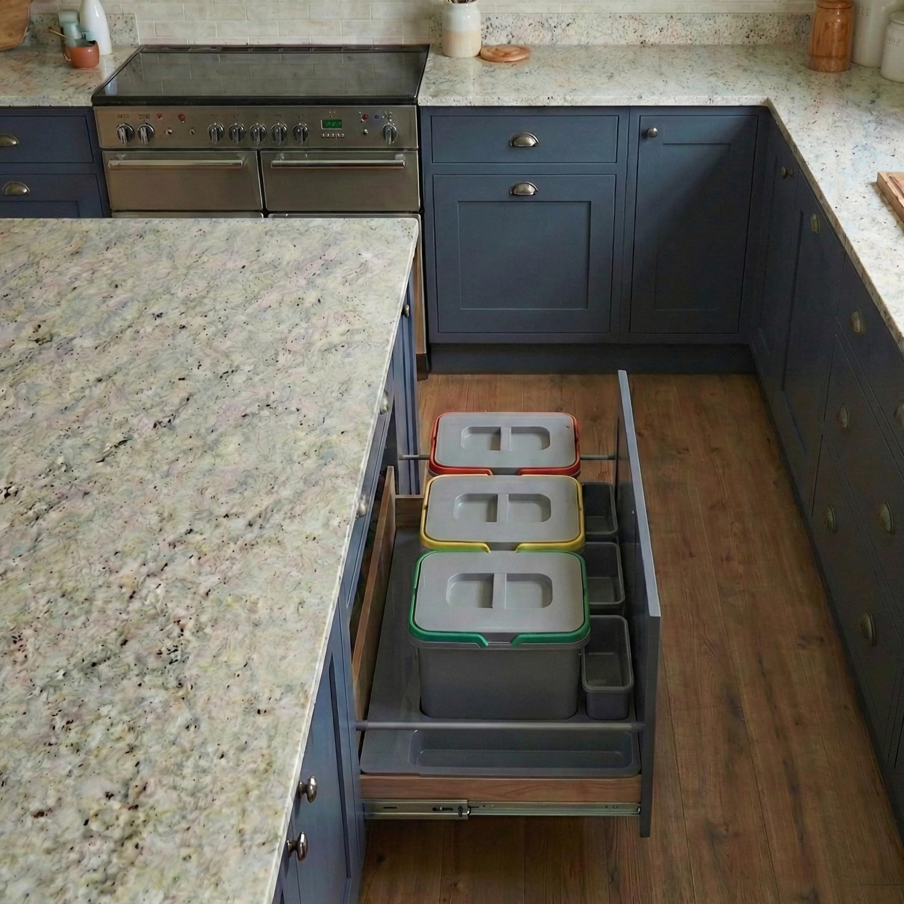 Sistema De Reciclaje De Cocina Para Armario De 90 Cm 3 Compartimentos 80,3x49x30 Cm (3x 15L) Con Tapa Cubo De Basura Empotrado