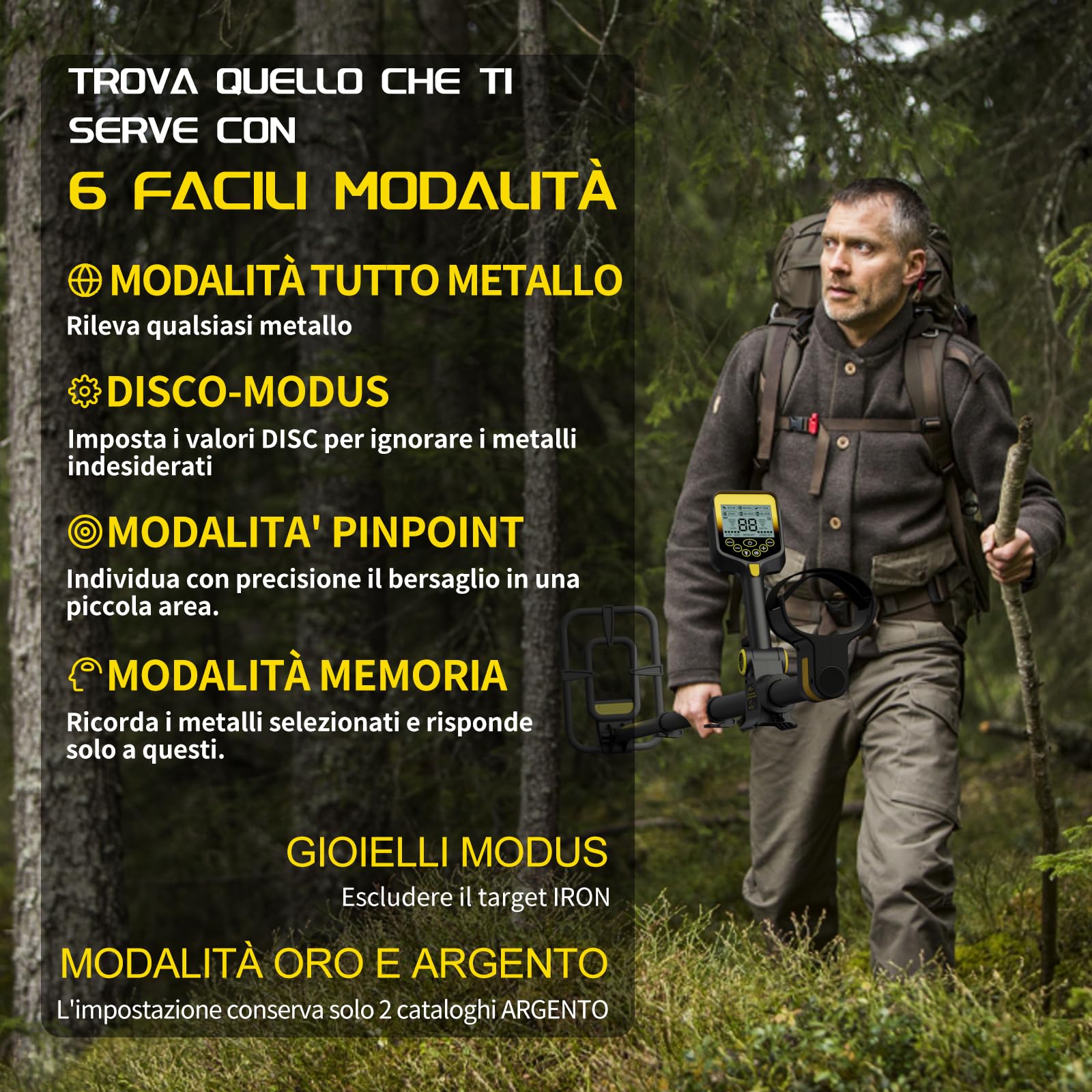 LOLARAN Metal Detector Professionale Pieghevole e Portatile, Batteria Ricaricabile al Litio, Alta Precisione per Oro e Metalli, Schermo LCD, Bobina Impermeabile, Ideale per Principianti e Esperti
